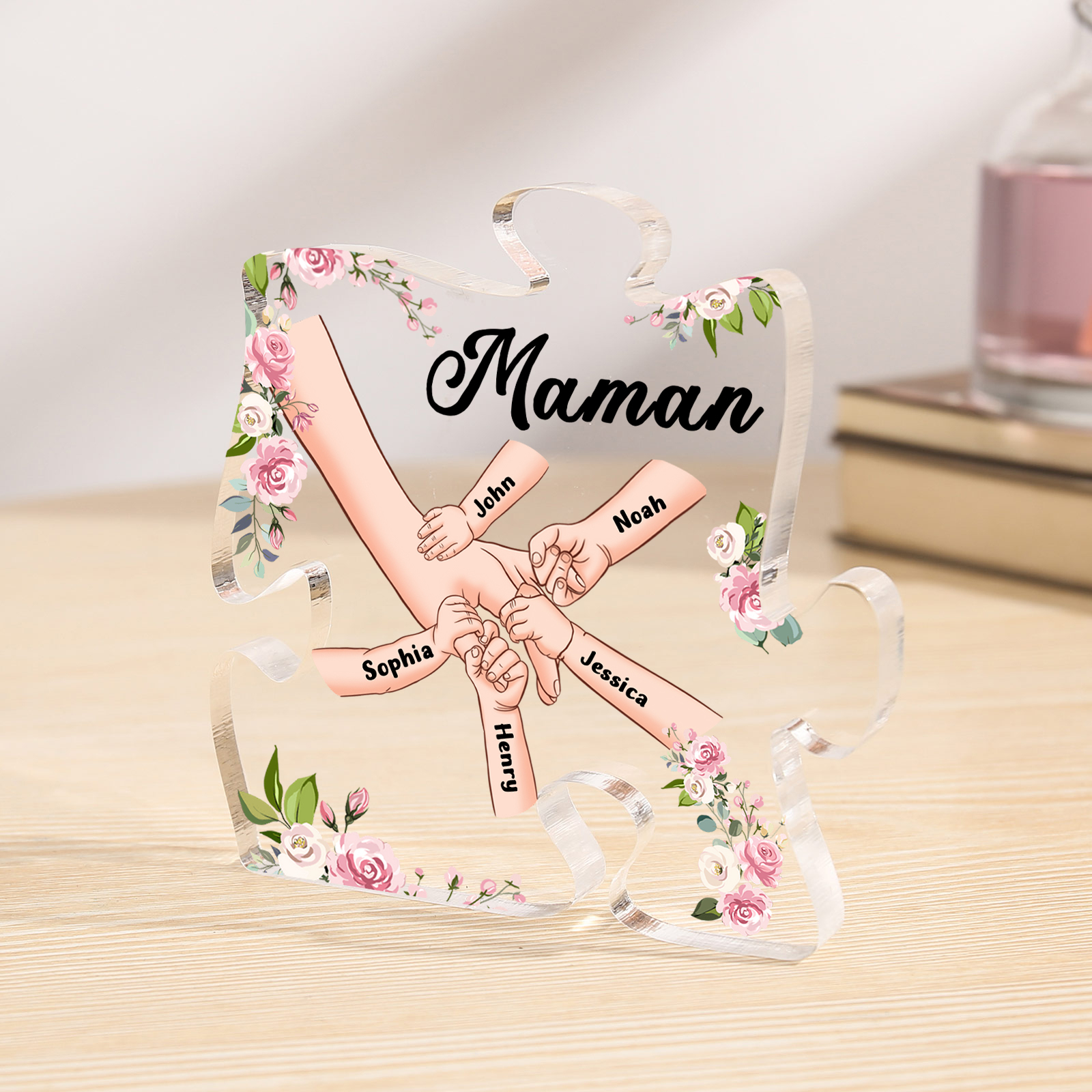 Plaque Acrylique en forme de Puzzle la main dans la main 5 Prénoms et 1 Texte Personnalisés