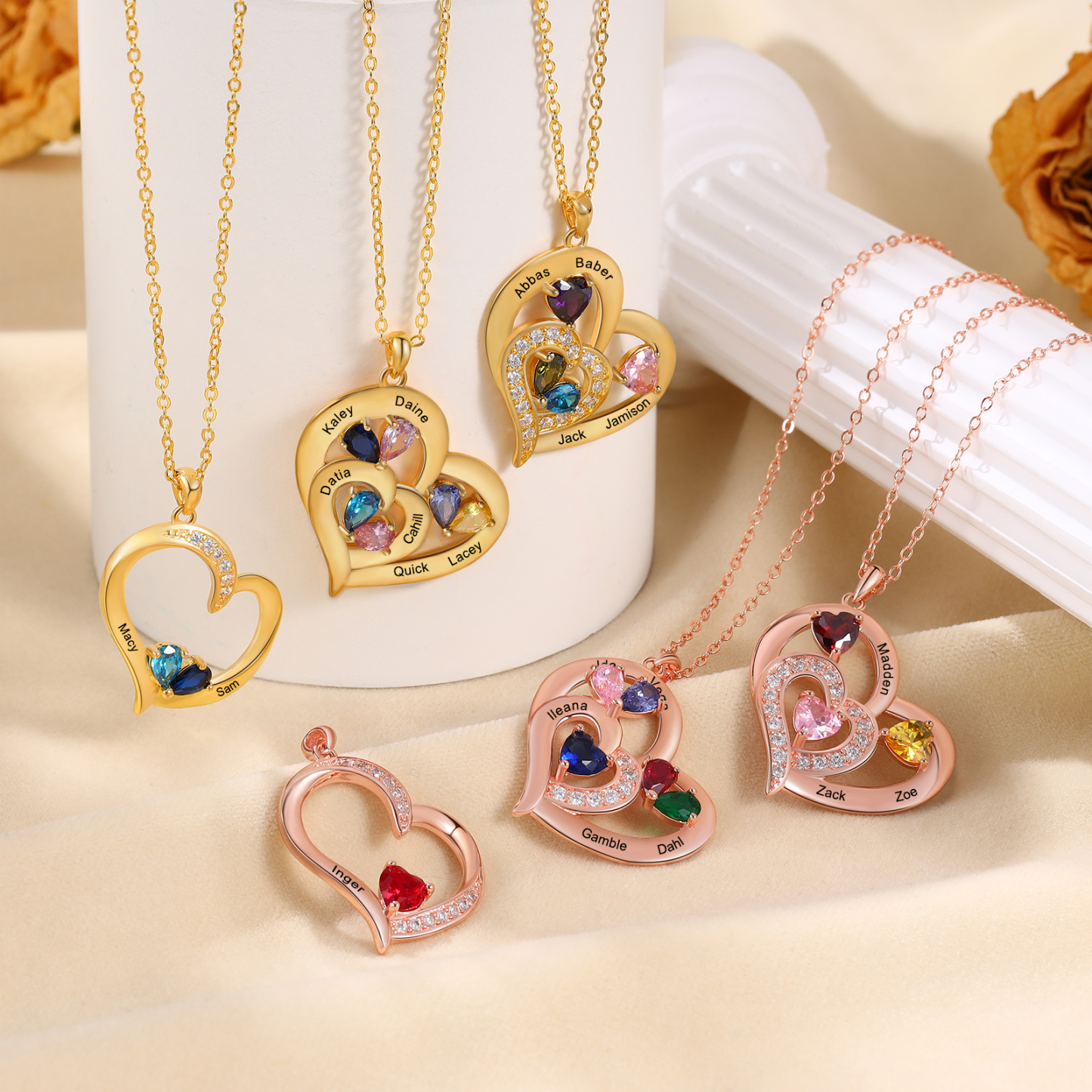 Collier Cœur 1-6 Prénoms Personnalisés avec Pierre de naissance