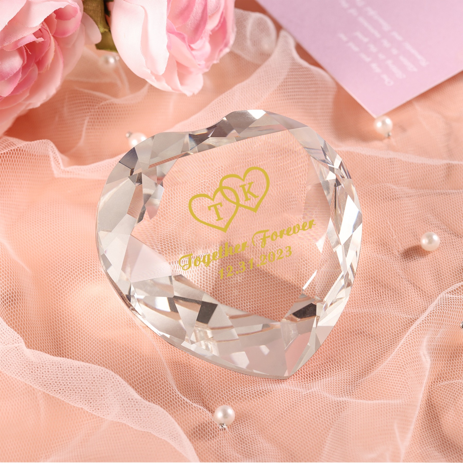 Décoration Cristal Cœur 2 Prénoms et 2 Lettres Personnalisés avec Date pour Couple