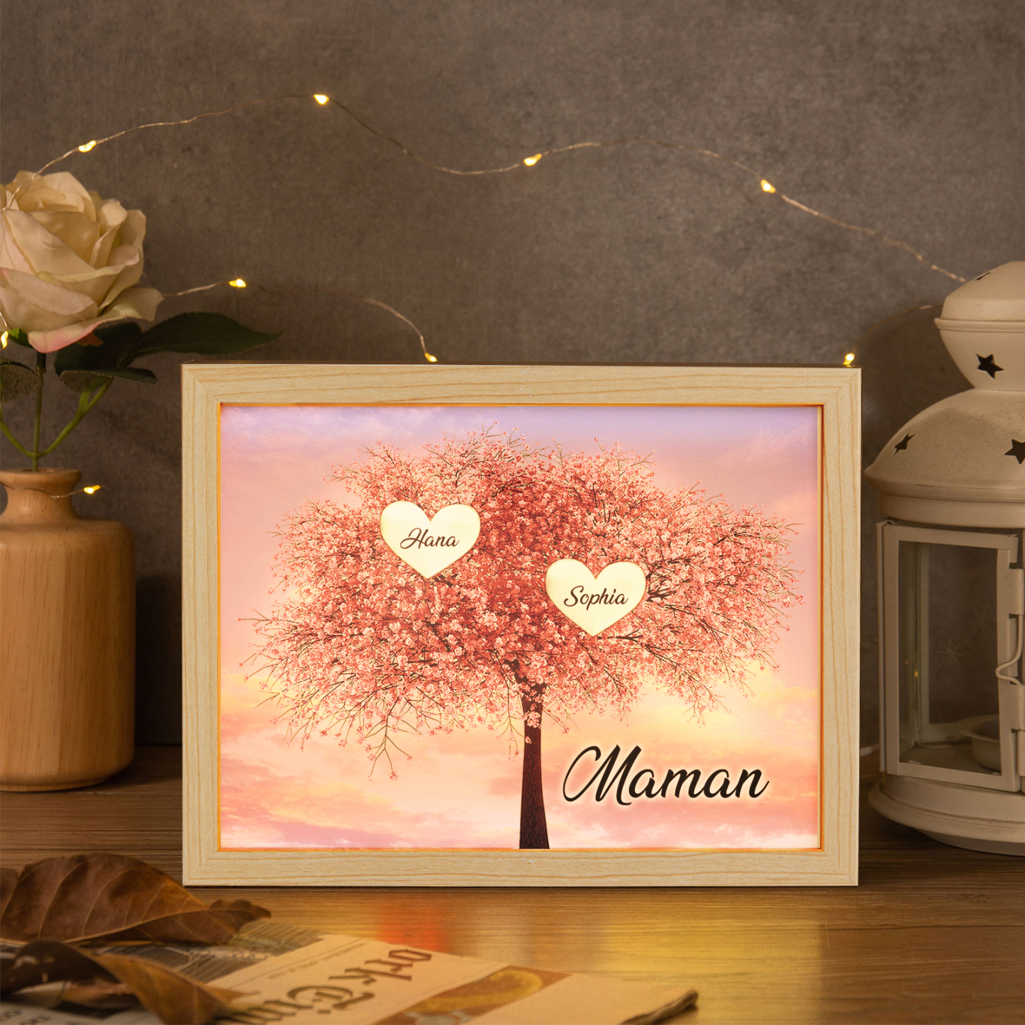 Cadre Photo LED Arbre de Vie 2 Prénoms et 1 Texte Personnalisé Décoration Famille