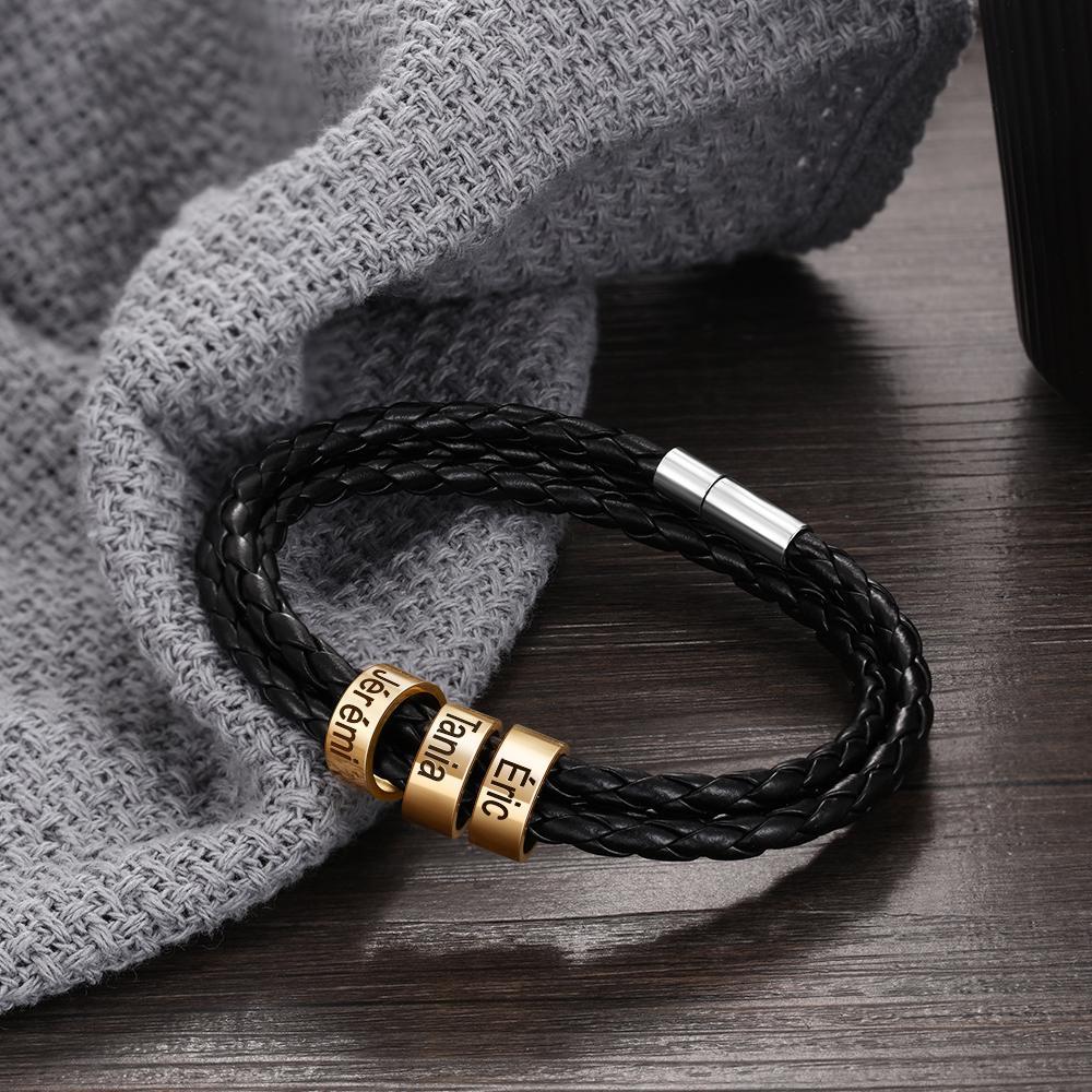Bracelet Cuir tressé Prénom Personnalisé Cadeau papa Avec 3 Perles