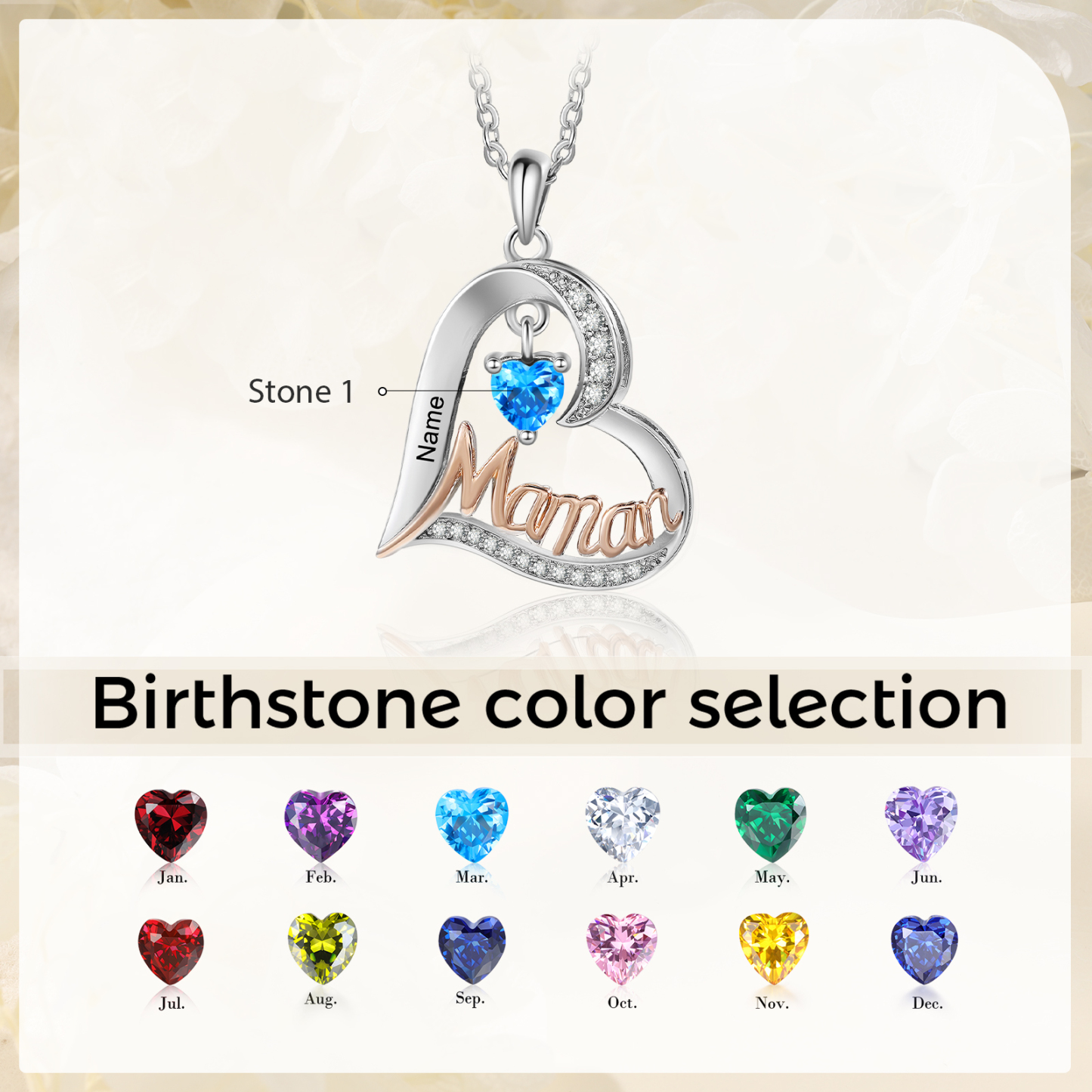 À Ma Maman-Collier Cœur 1 Prénom Personnalisé avec 1 Pierre de Naissance