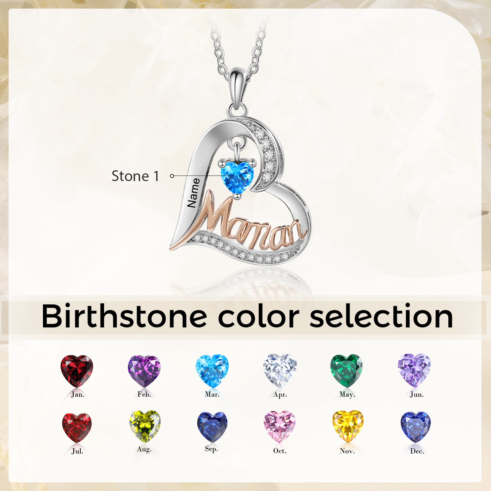 À Ma Maman-Collier Cœur 1 Prénom Personnalisé avec 1 Pierre de Naissance