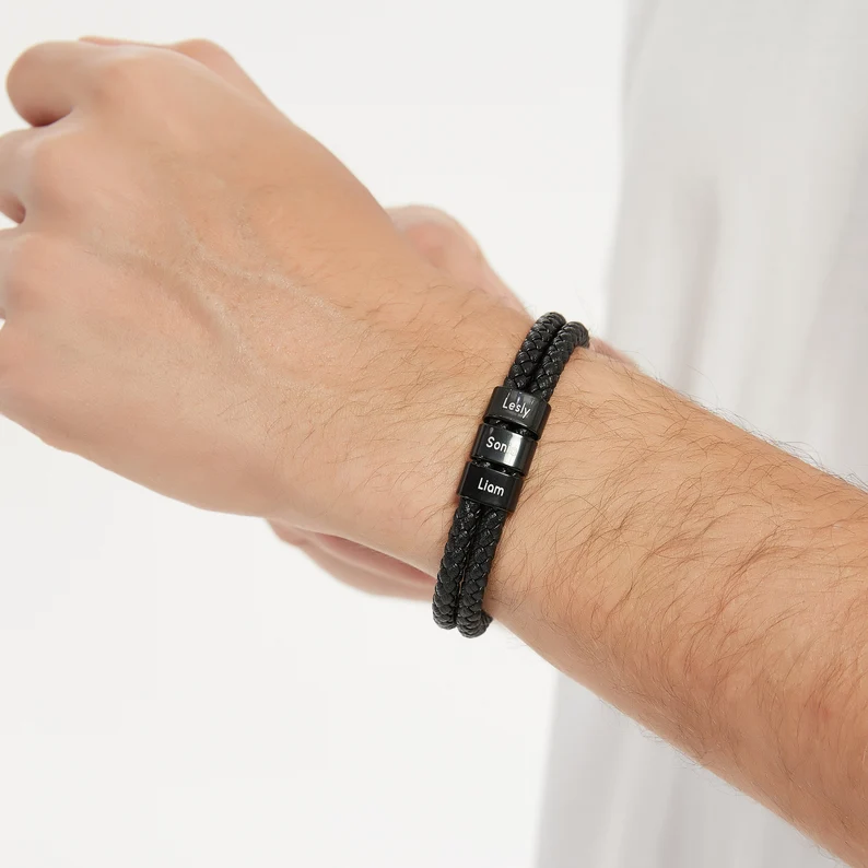 Bracelet Cuir tressé 2 Perles Prénom Personnalisé Bracelet Homme