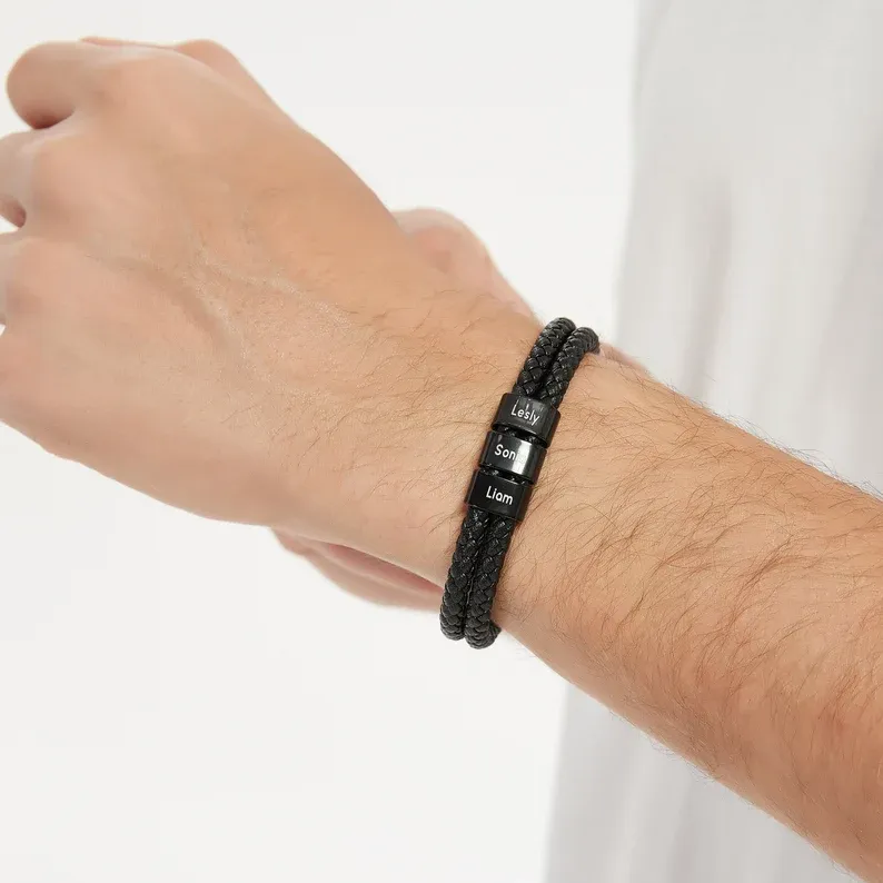 Bracelet Cuir tressé 2 Perles Prénom Personnalisé Bracelet Homme