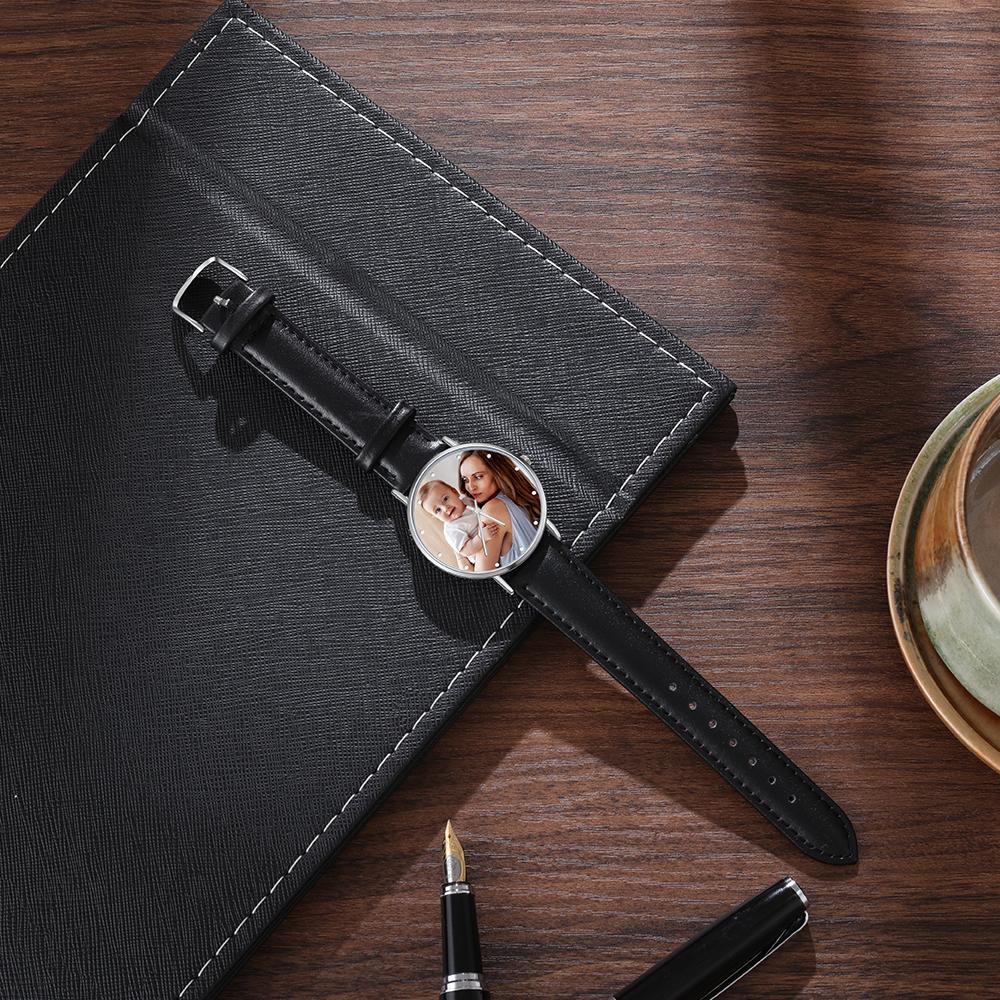 Montre Personnalisée Photo avec Gravure du prénom ou Message Bracelet en Cuir