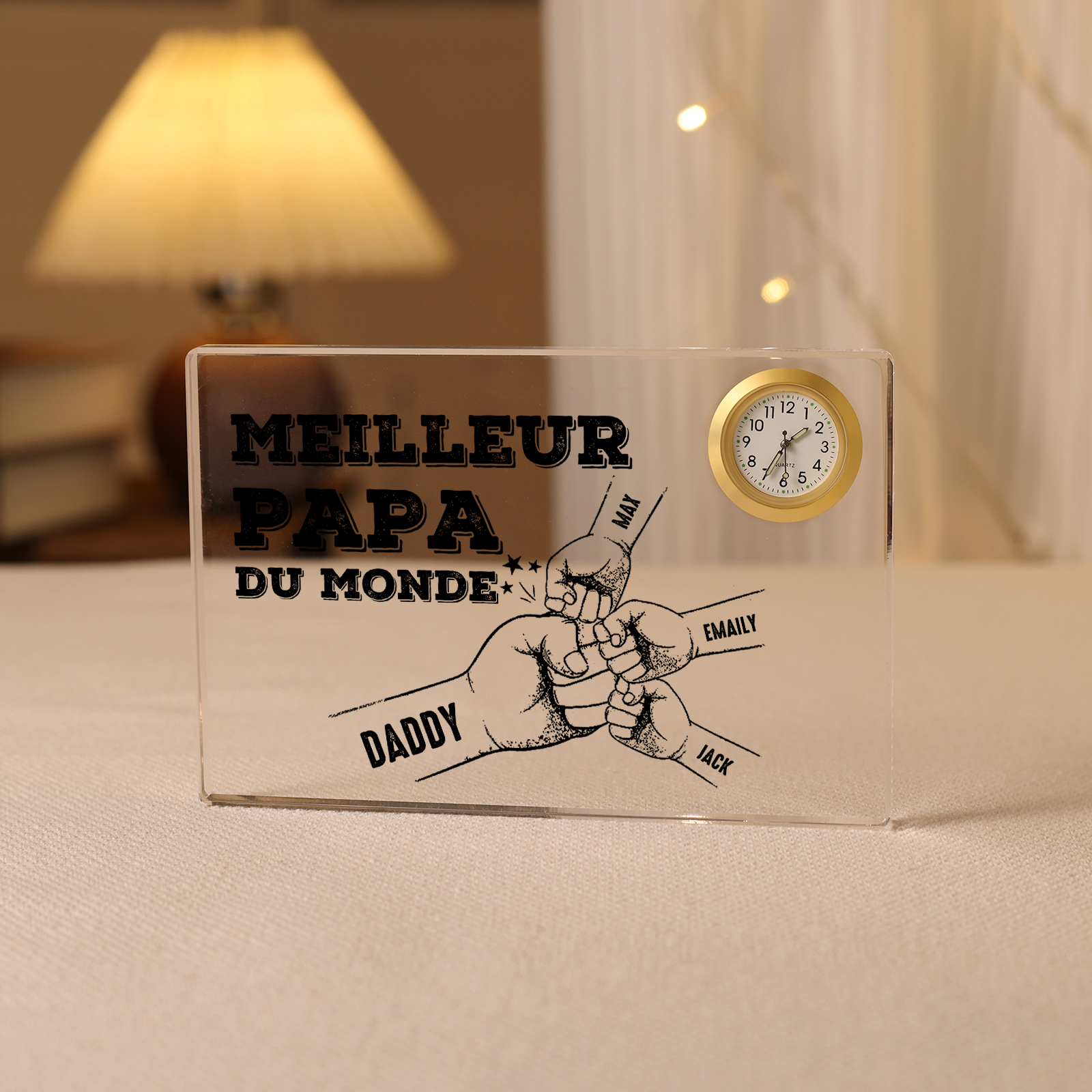 À mon Papa - Plaque Acrylique rectangle avec Horloge Poings 4 Prénoms Personnalisés