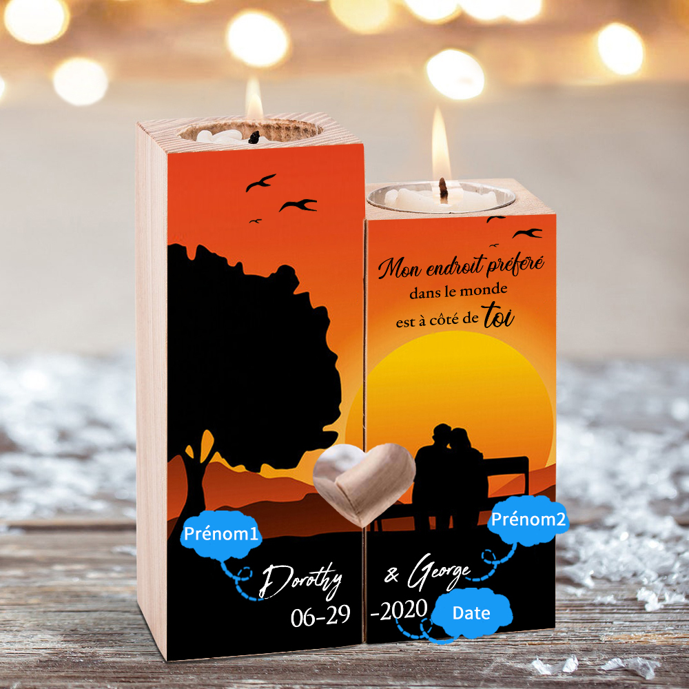 Bougeoir en Bois 2 Prénoms et 1 Date Personnalisés sans bougie cadeau pour Couple | Jessemade