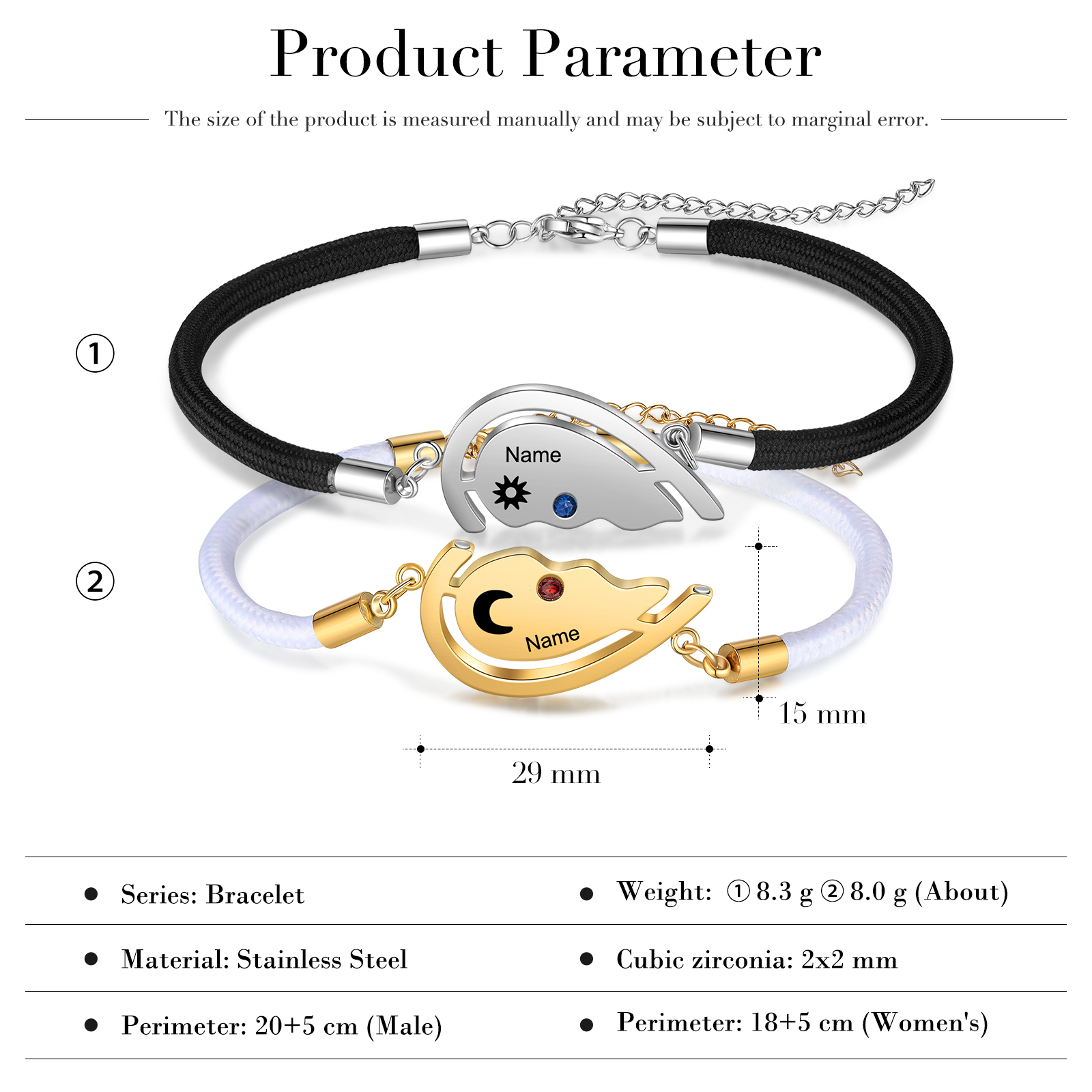 2PCS Bracelets roped 2 Prénoms Personnalisés avec 2 Pierres de Naissance Bracelet en Commun pour Couple | Jessemade