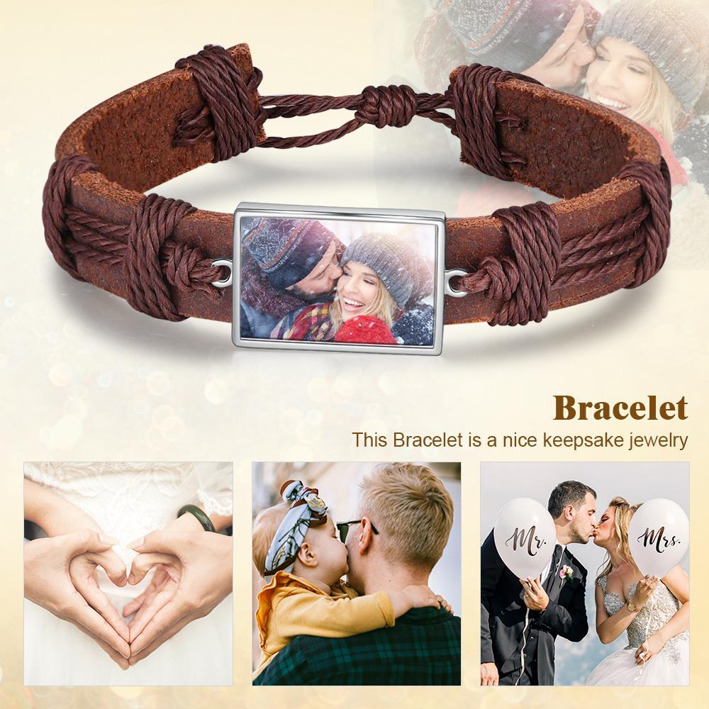 Bracelet Photo Personnalisée Cuir Tressé pour Couple Noeud Coulissant