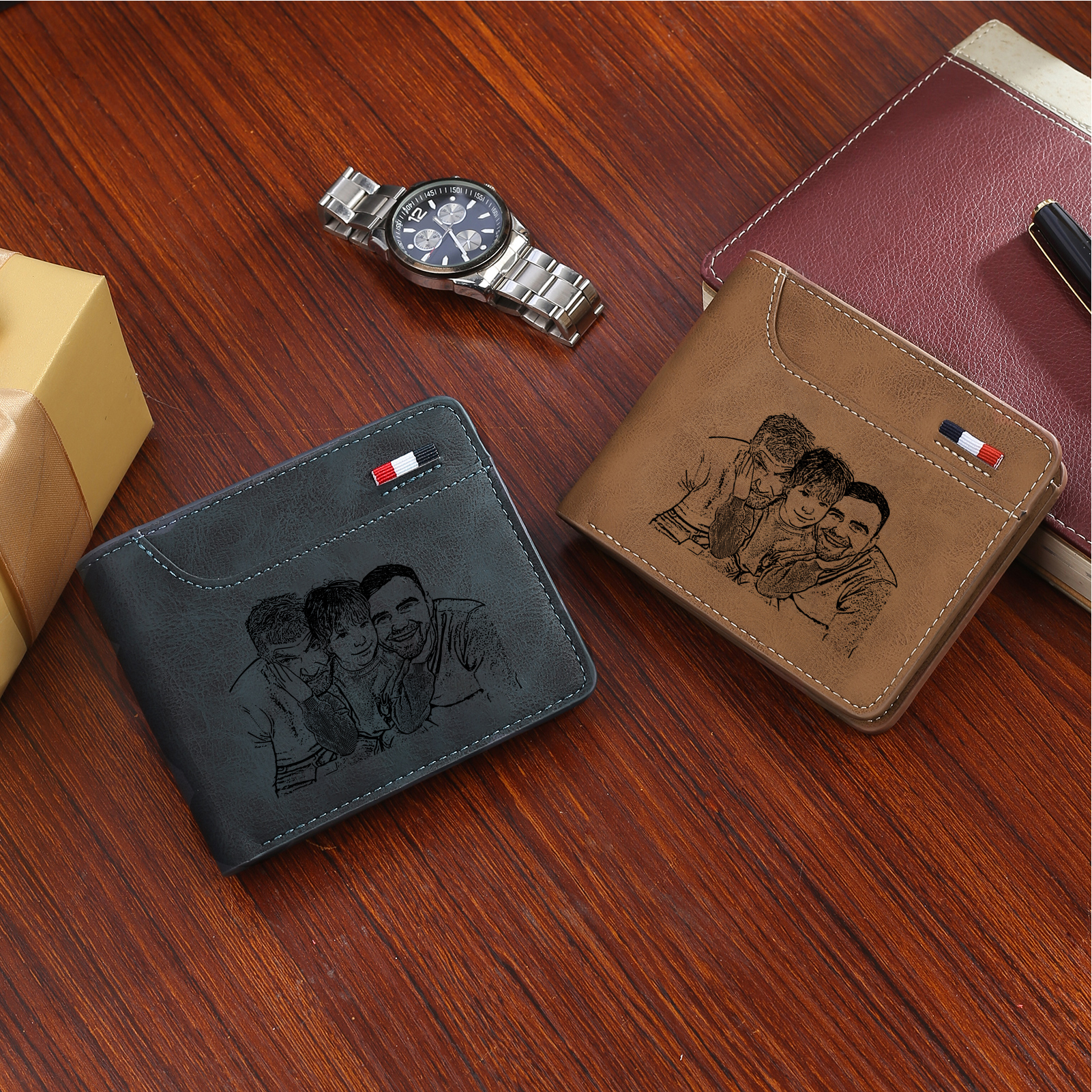 À mon Papa - Portefeuille Poings 5 Prénoms Personnalisés avec Photo Classique Homme Porte-Monnaie Carte