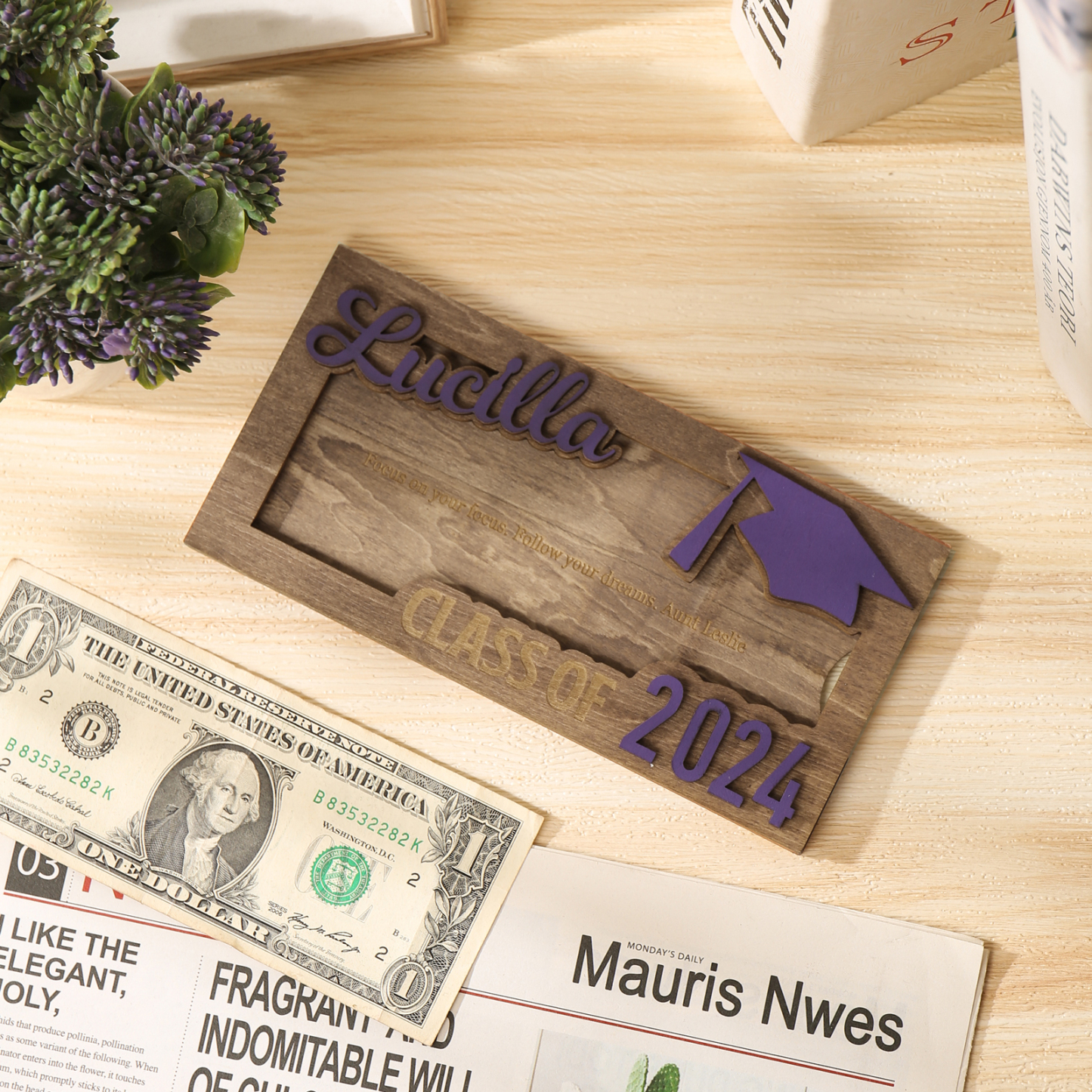 Porte-Cartes Diplômé en bois Prénom et Texte Personnalisés Cadeau de Graduation