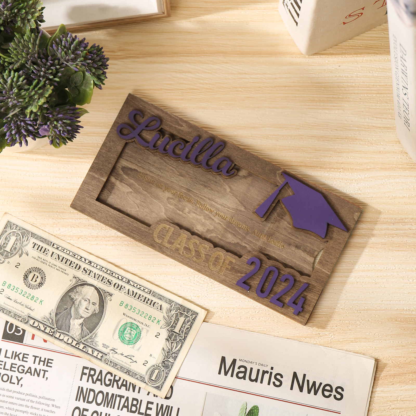 Porte-Cartes Diplômé en bois Prénom et Texte Personnalisés Cadeau de Graduation
