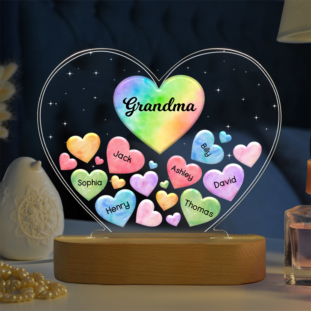 À Maman/Mamie - Lampe de chevet LED Cœurs 7 Prénoms Personnalisés avec 1 Texte