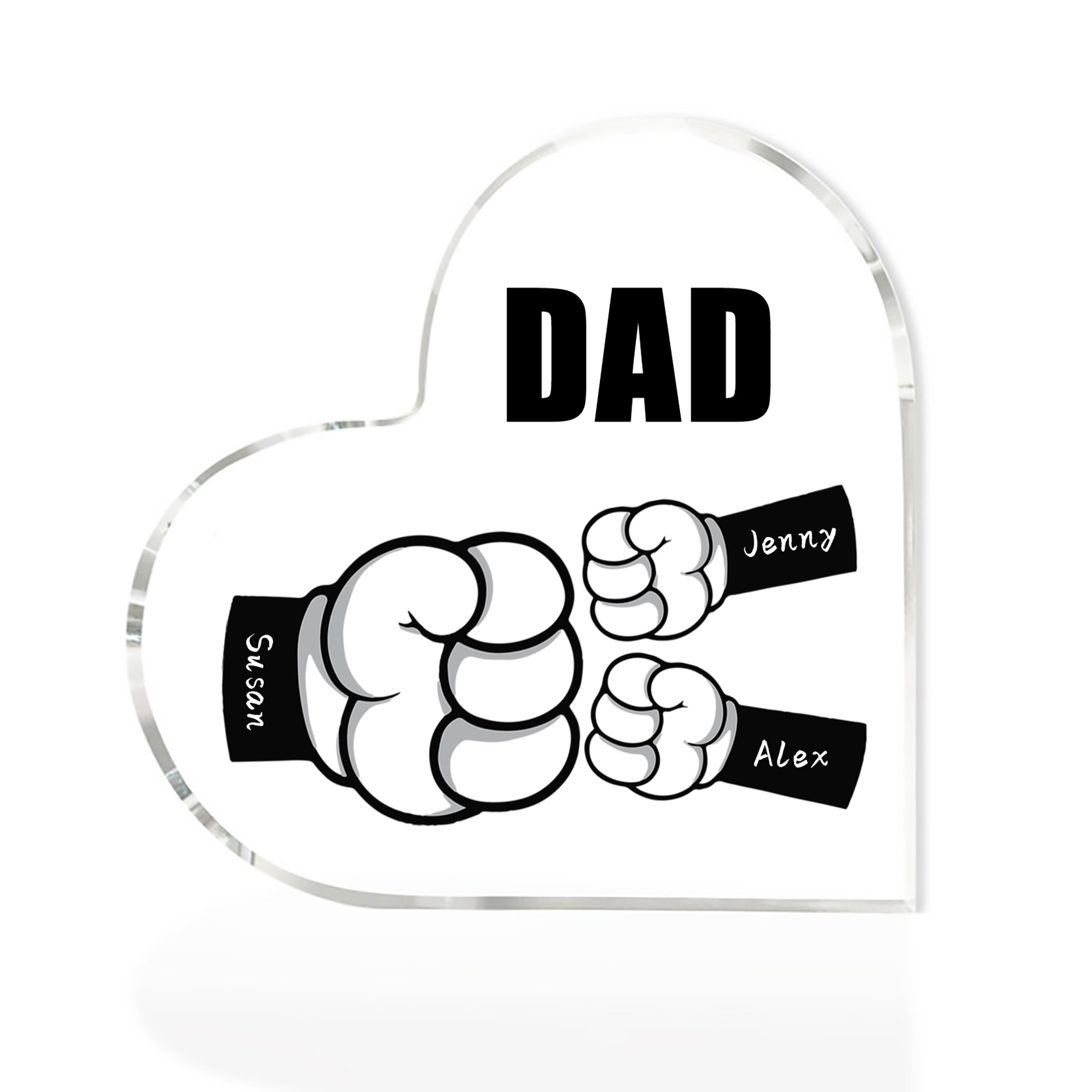 À mon Papa/Maman - Plaque Acrylique en Forme de Cœur Poings 3 Prénoms Personnalisés avec 1 Texte