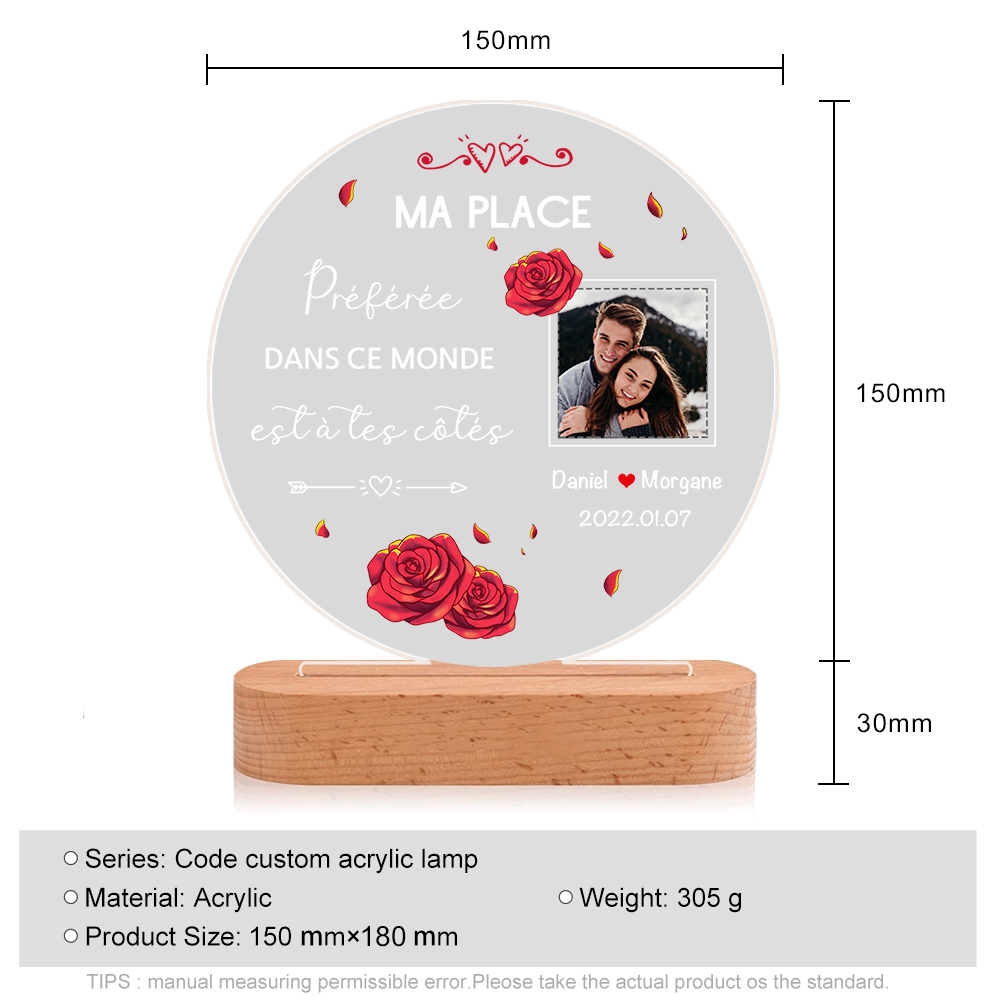 Lampe de chevet Couple LED Lumières 2 Prénoms et 1 Photo Personnalisés avec Date