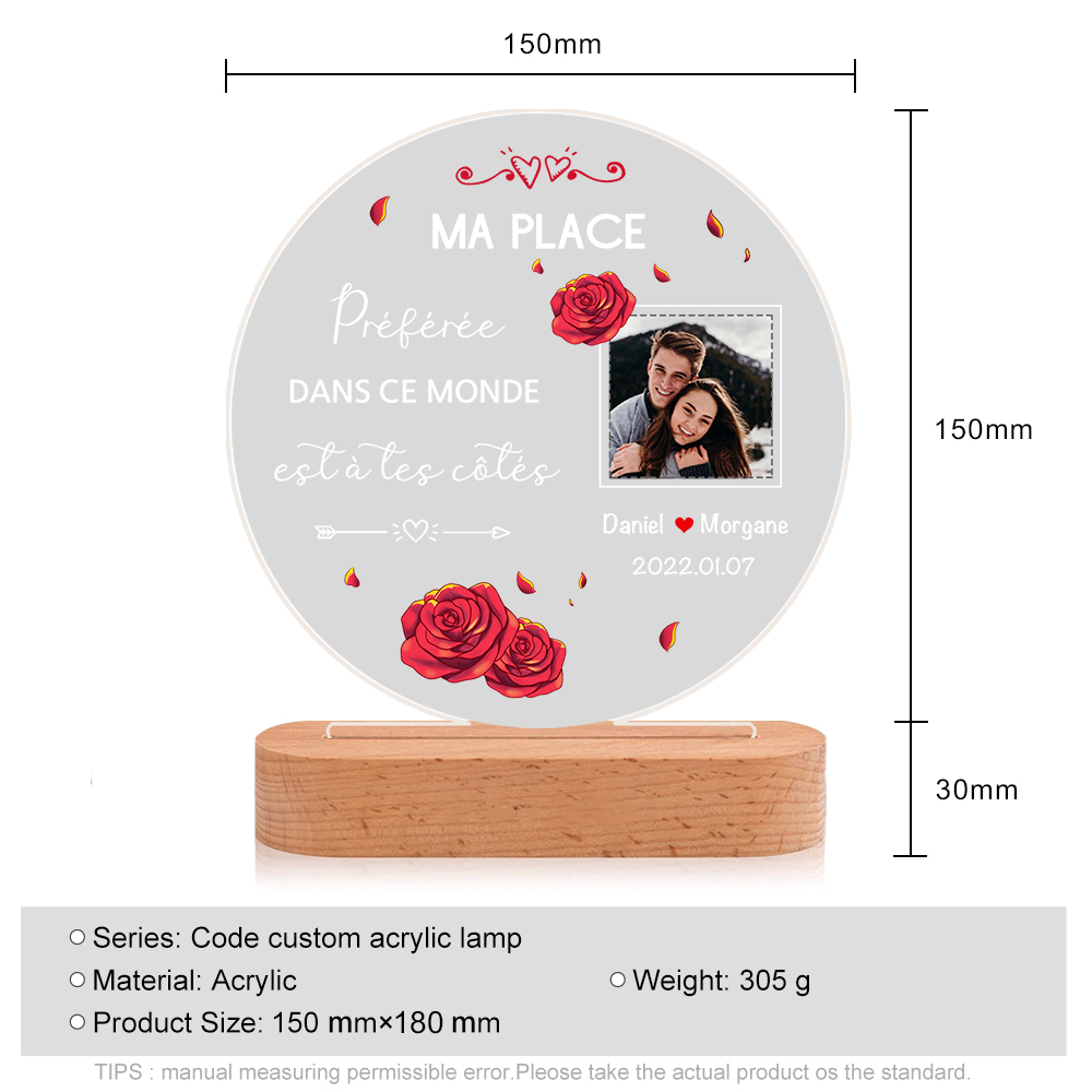 Lampe de chevet Couple LED Lumières 2 Prénoms et 1 Photo Personnalisés avec Date