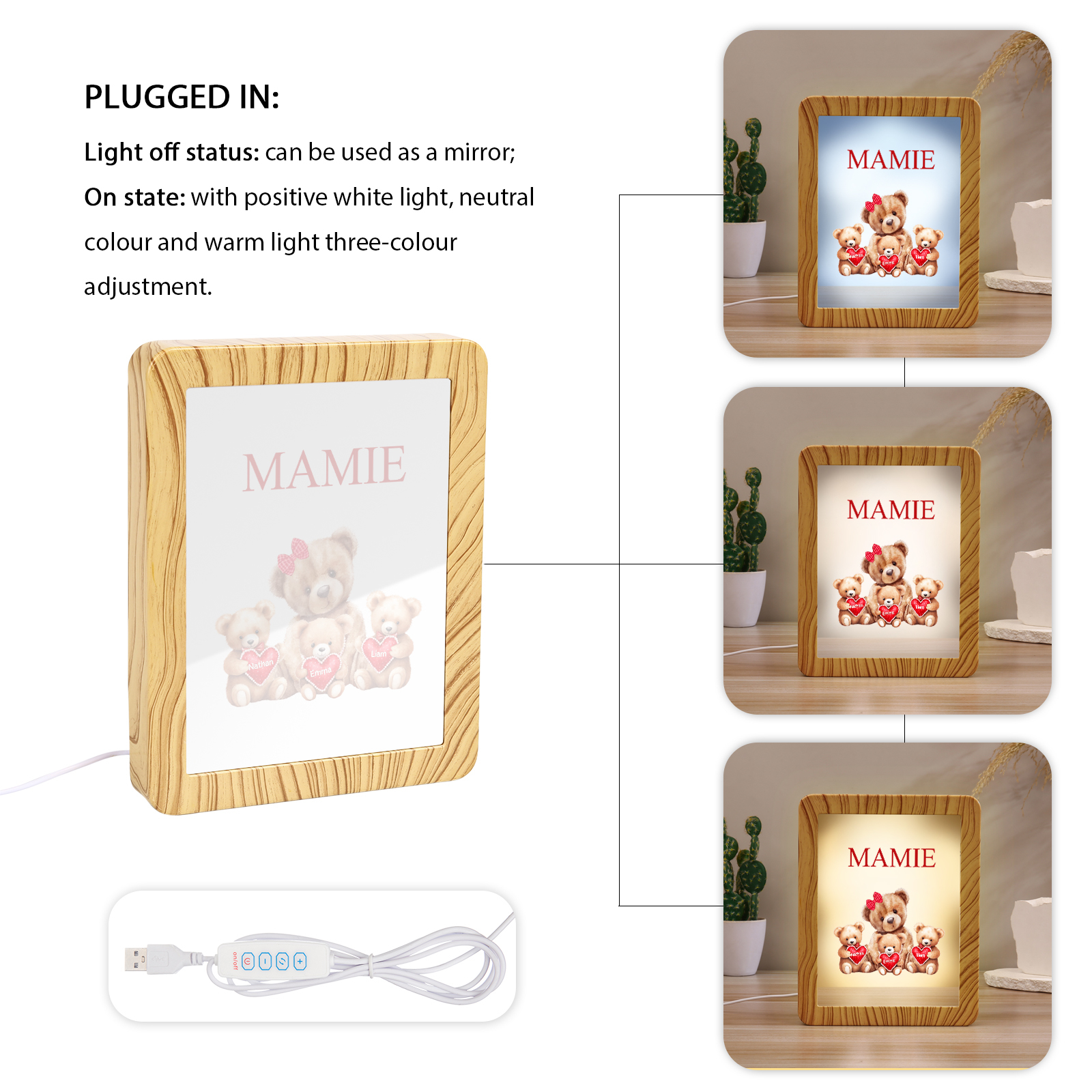 Cadre Photo/Miroir LED Multifonctionnel Ours 3 Prénoms Personnalisés avec Texte pour Famille