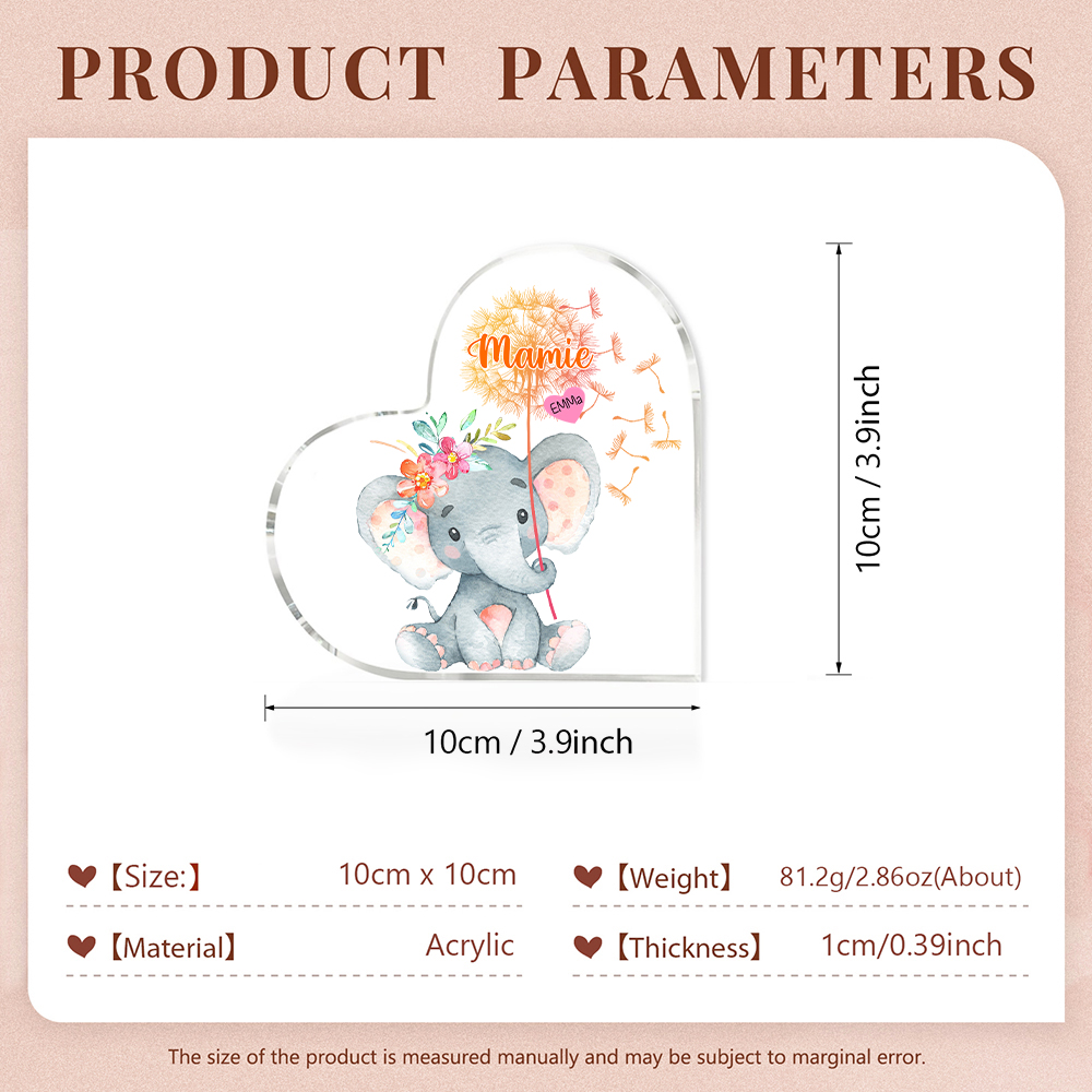 À ma Mamie - Plaque Acrylique en Forme de Cœur Éléphant 1 Prénom Personnalisé