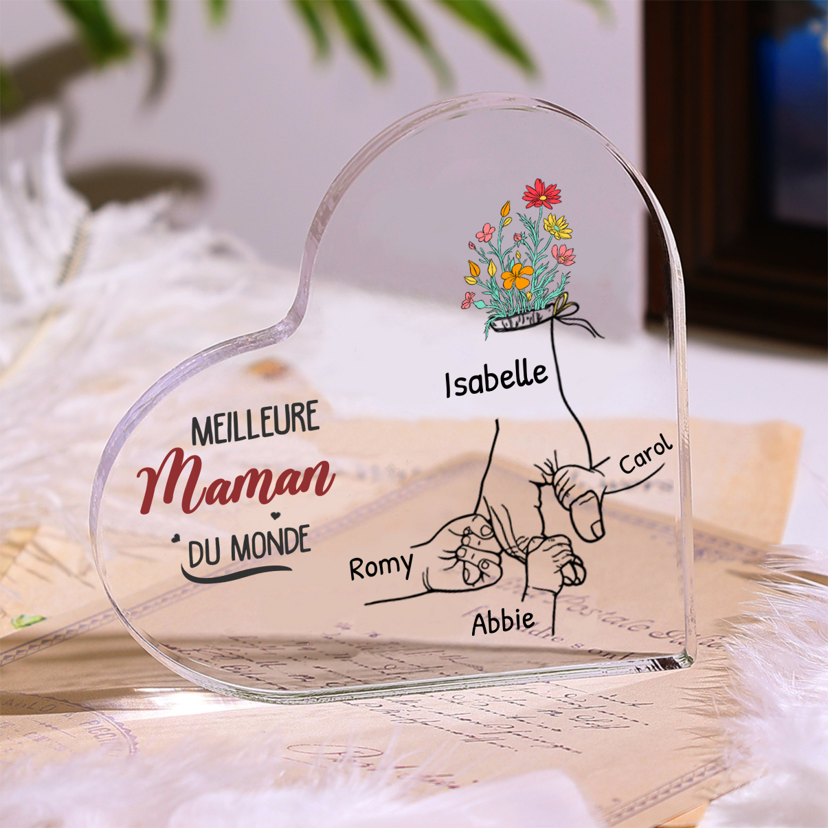 À ma Maman - Plaque Acrylique en Forme de Cœur 2-7 Prénoms Personnalisés Décoration la main dans la main