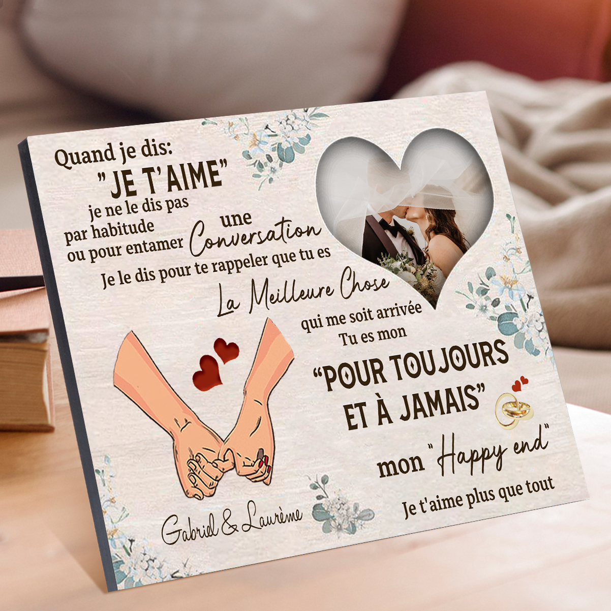 Cadre en Bois 2 Prénoms Personnalisés avec Photo pour Couple Cadeau Saint Valentin