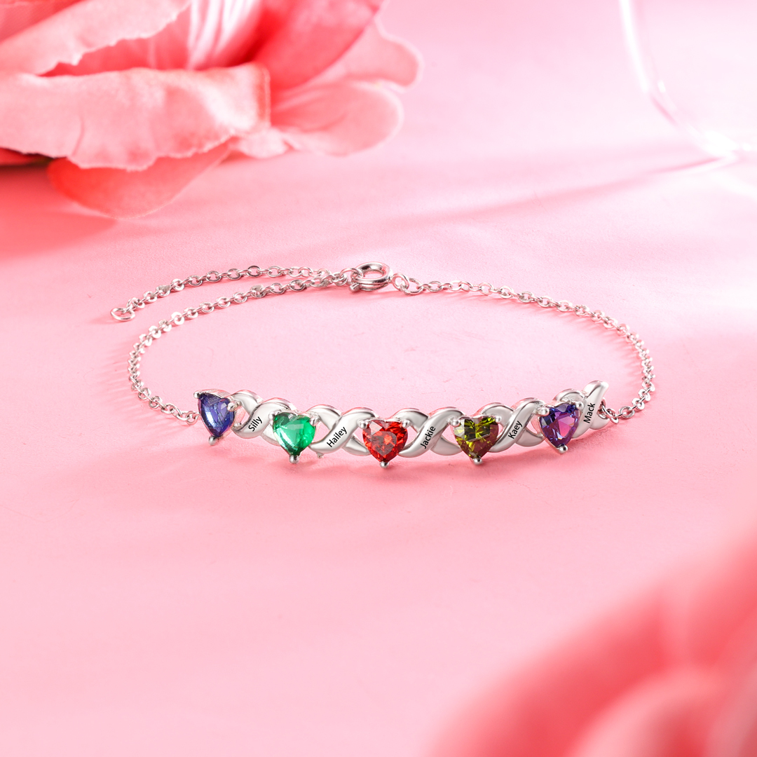 Bracelet à Breloque 3 Prénoms Personnalisé avec 3 Pierres de Naissance