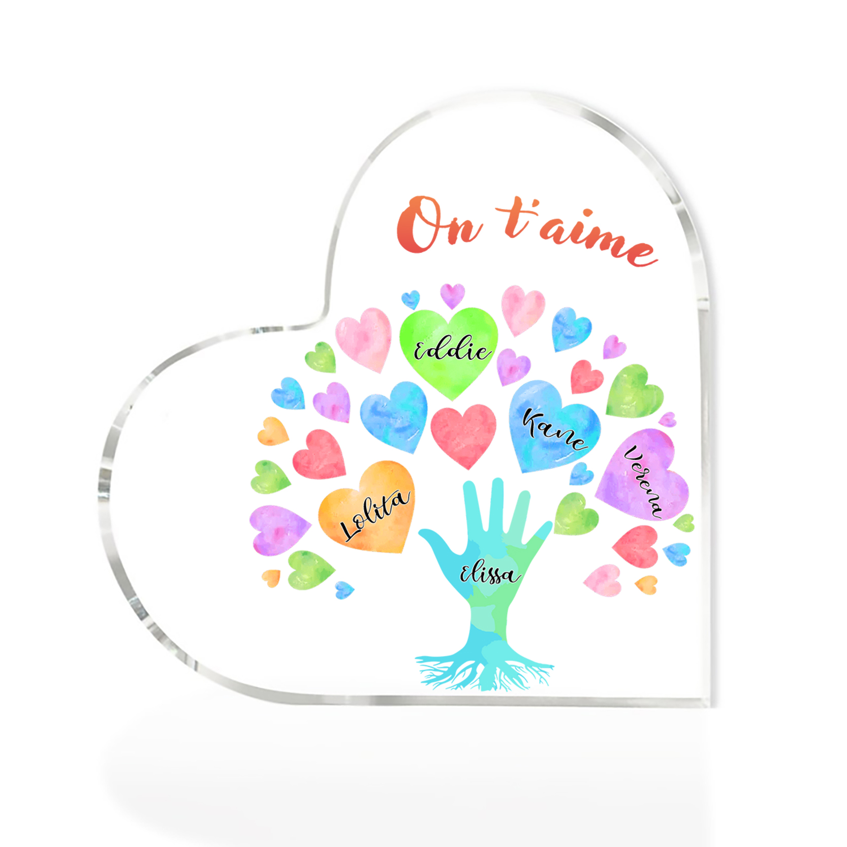 Plaque Acrylique en Forme de Cœur 5 Prénoms Personnalisés avec Texte pour Famille
