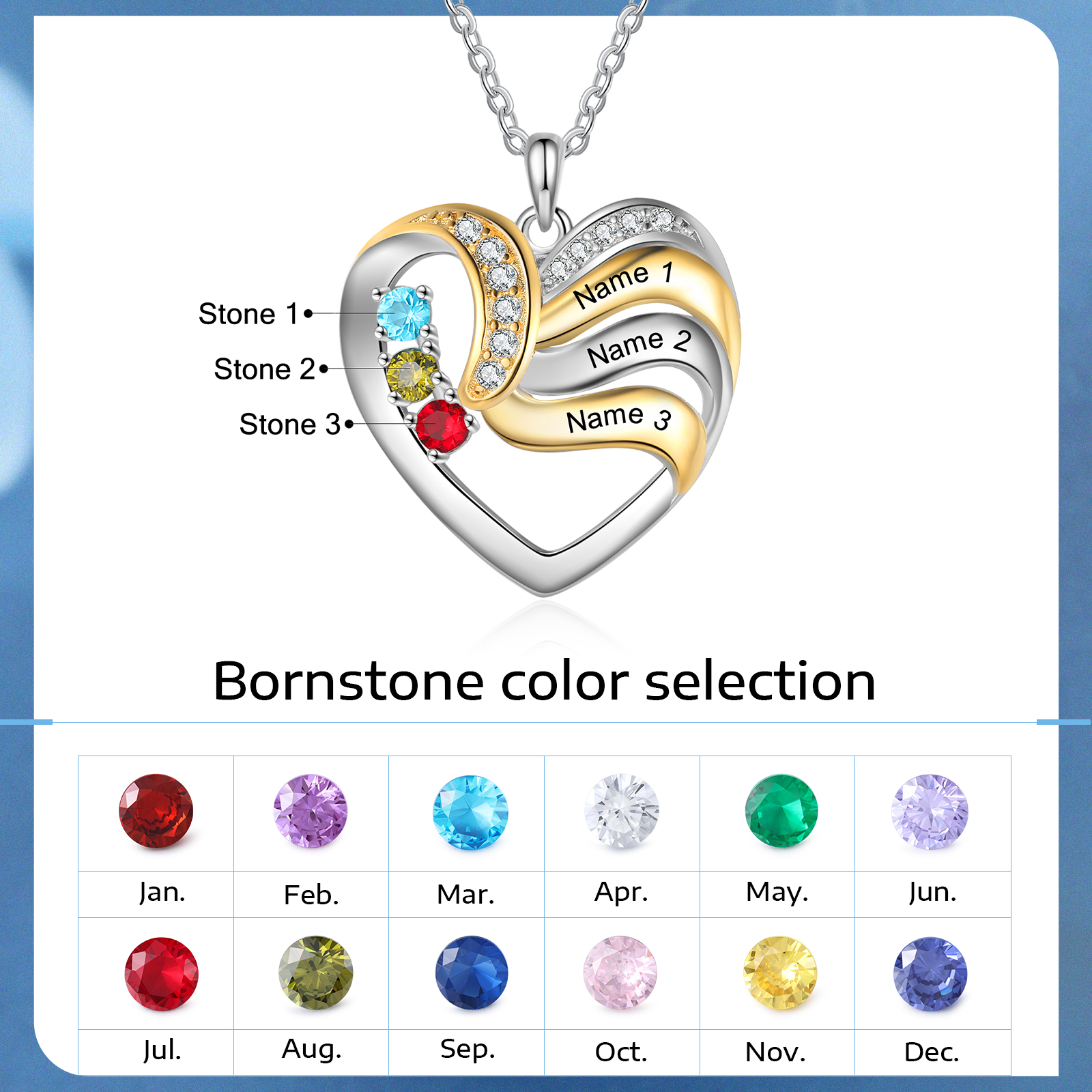 Collier Cœur 3 Prénoms Personnalisé avec 3 pierres de naissance | Jessemade