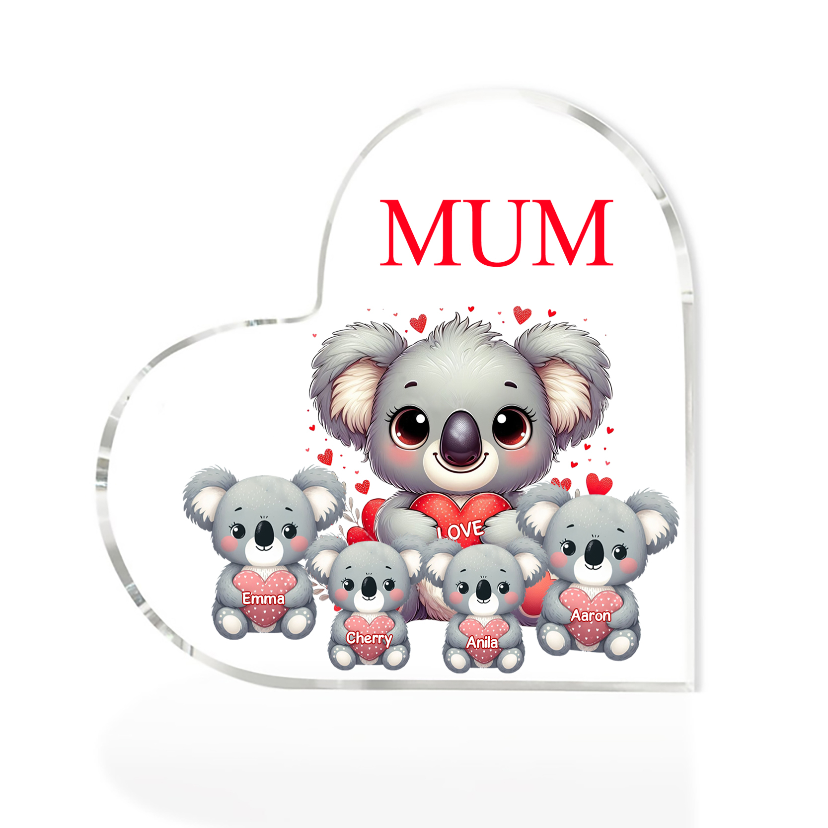 À ma Maman/Mamie - Plaque Acrylique en Forme de Cœur Koala 4 Prénoms Personnalisés avec 1 Texte
