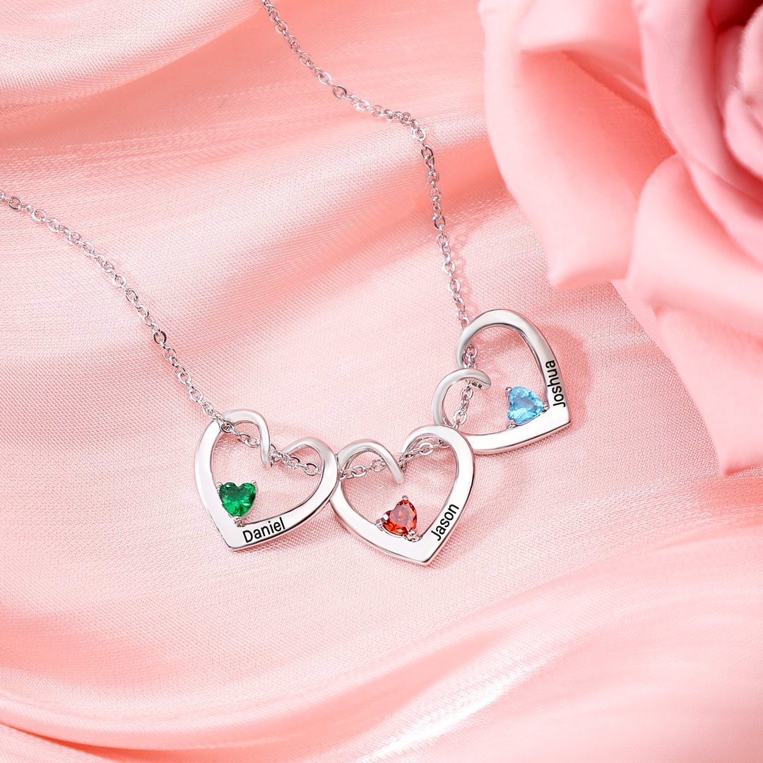 Collier Pendentif Cœur 3 Prénoms Personnalisés avec Pierre de Naissance Collier Femmes