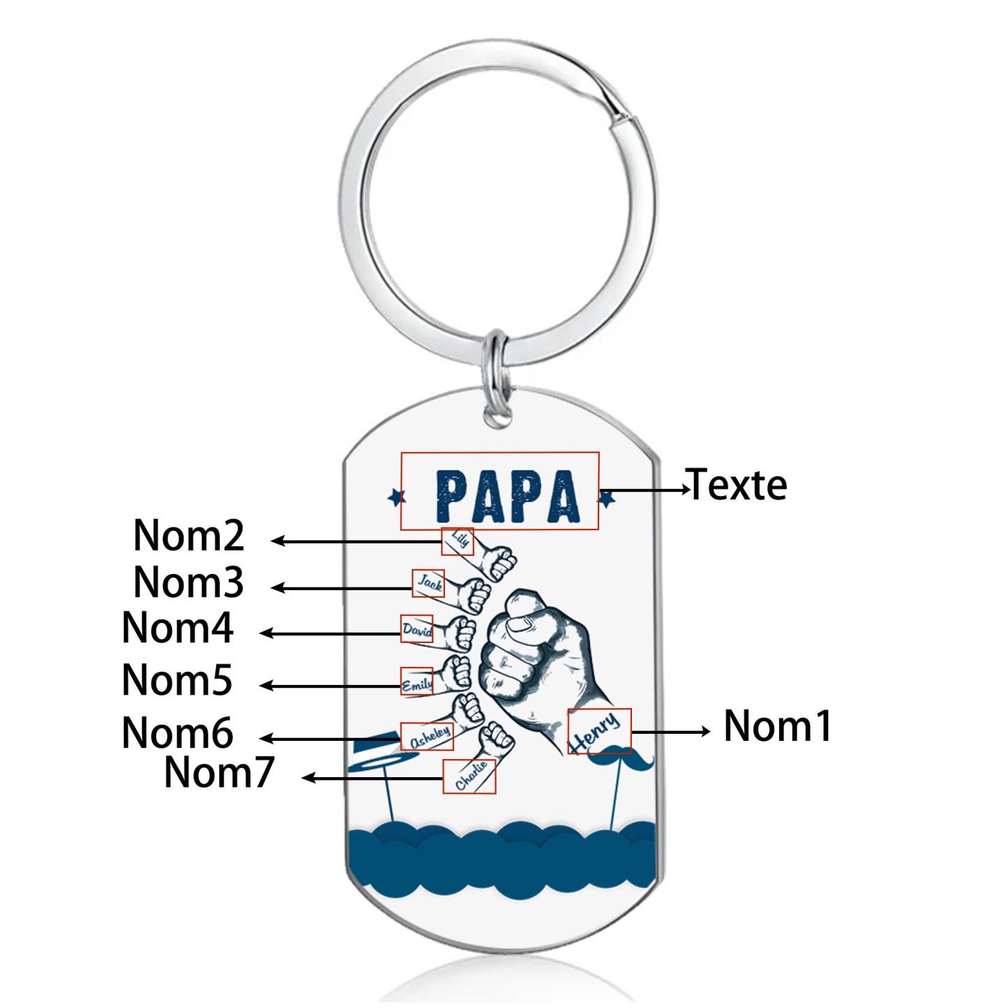 À Papa/Papi - Porte-Clés Poings 7 Prénoms Personnalisés