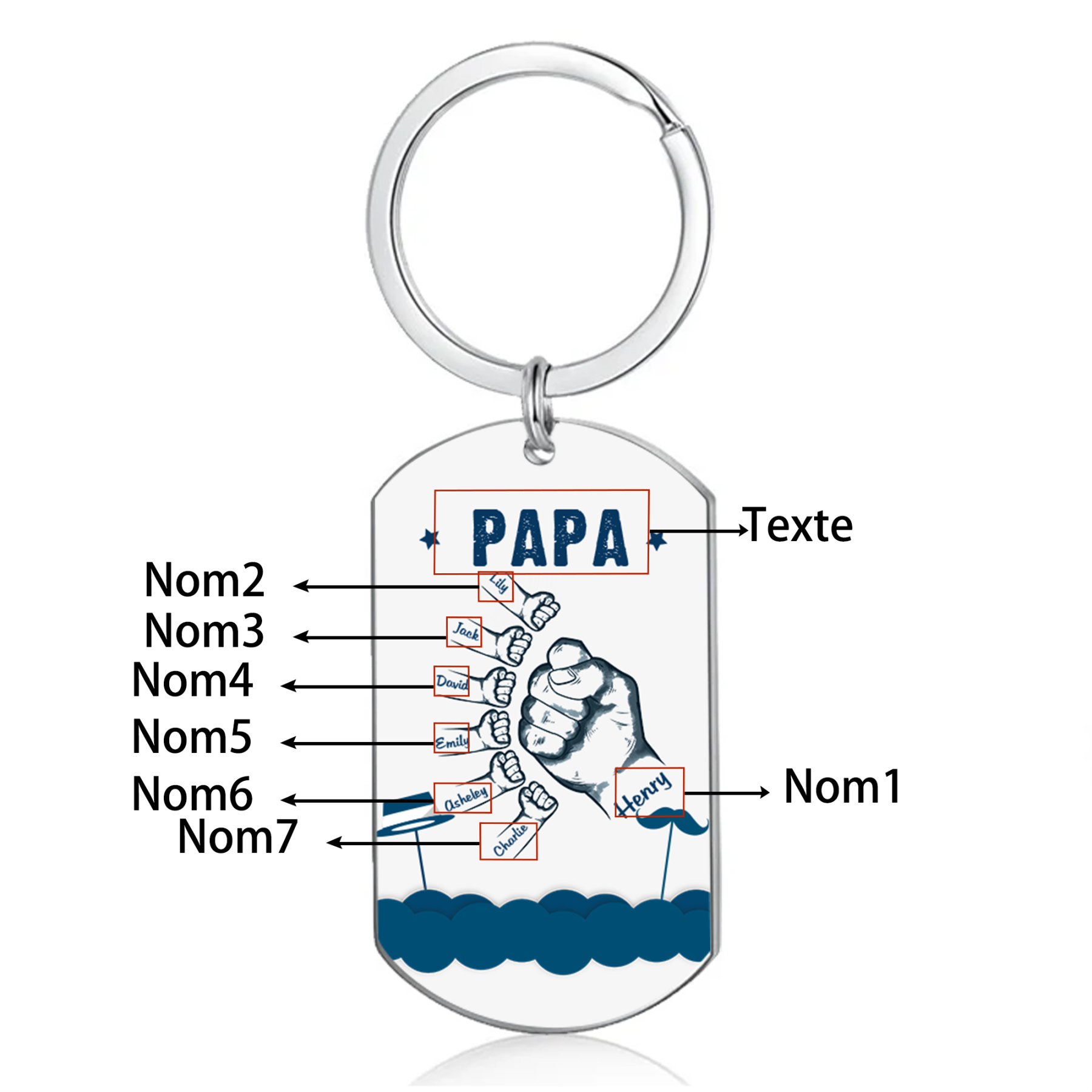 À Papa/Papi - Porte-Clés Poings 7 Prénoms Personnalisés