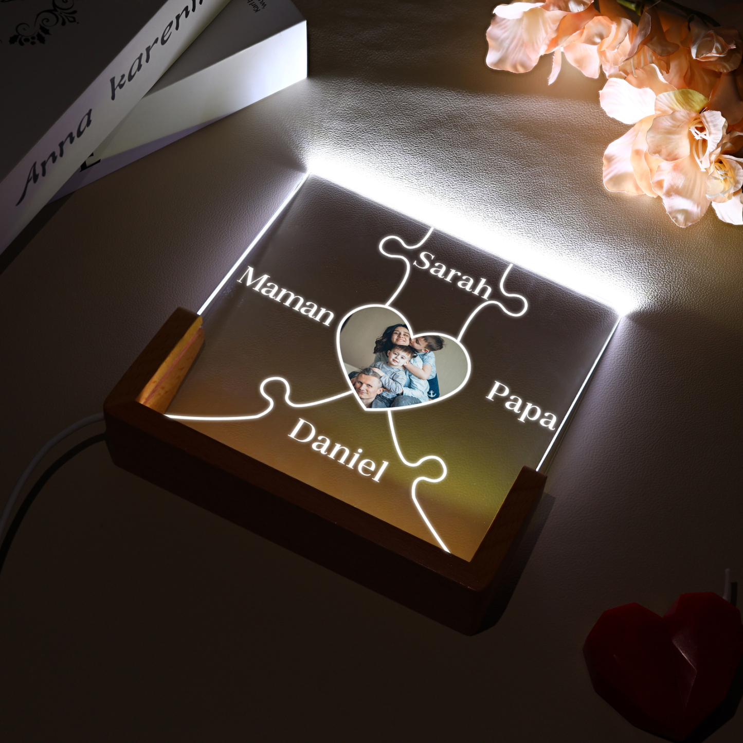Lampe de chevet LED Puzzles 4 Prénoms Personnalisés avec Photo pour Famille
