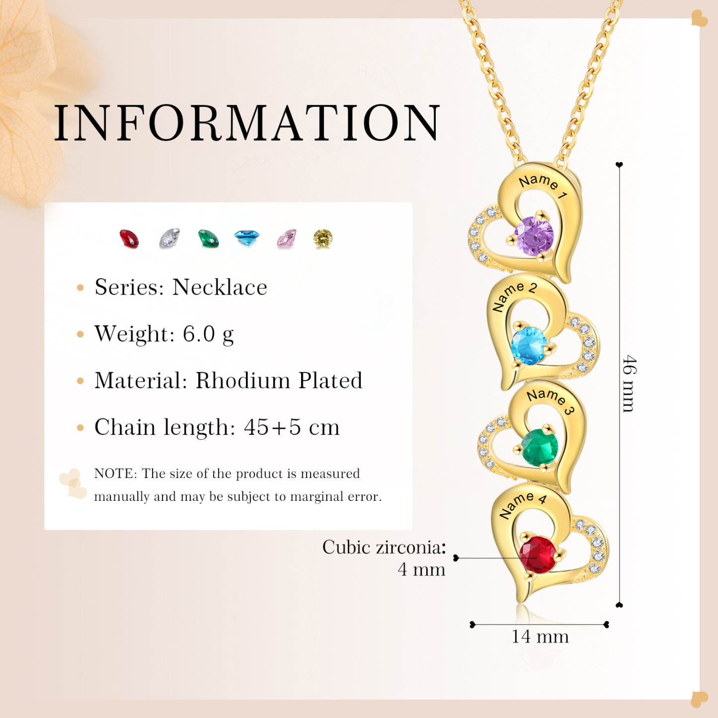 Collier Pendentif Cœur 4 Prénoms Personnalisés avec Pierre de naissance pour Femmes