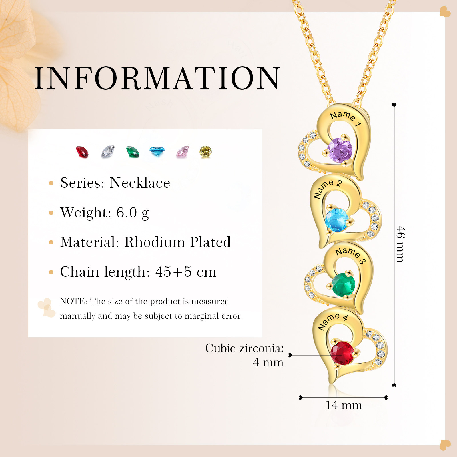 Collier Pendentif Cœur 4 Prénoms Personnalisés avec Pierre de naissance pour Femmes