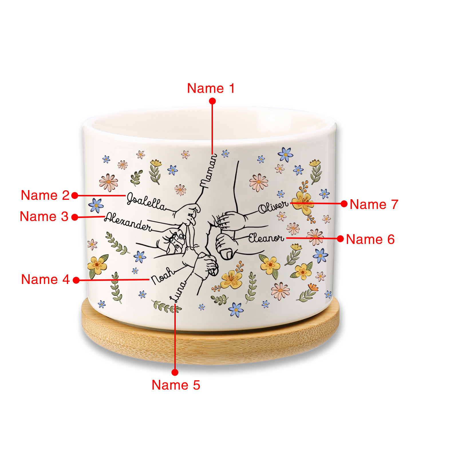Vase/Pot de Fleurs la main dans la main 7 Prénoms Personnalisés Décoration de la Maison (sans plantes)