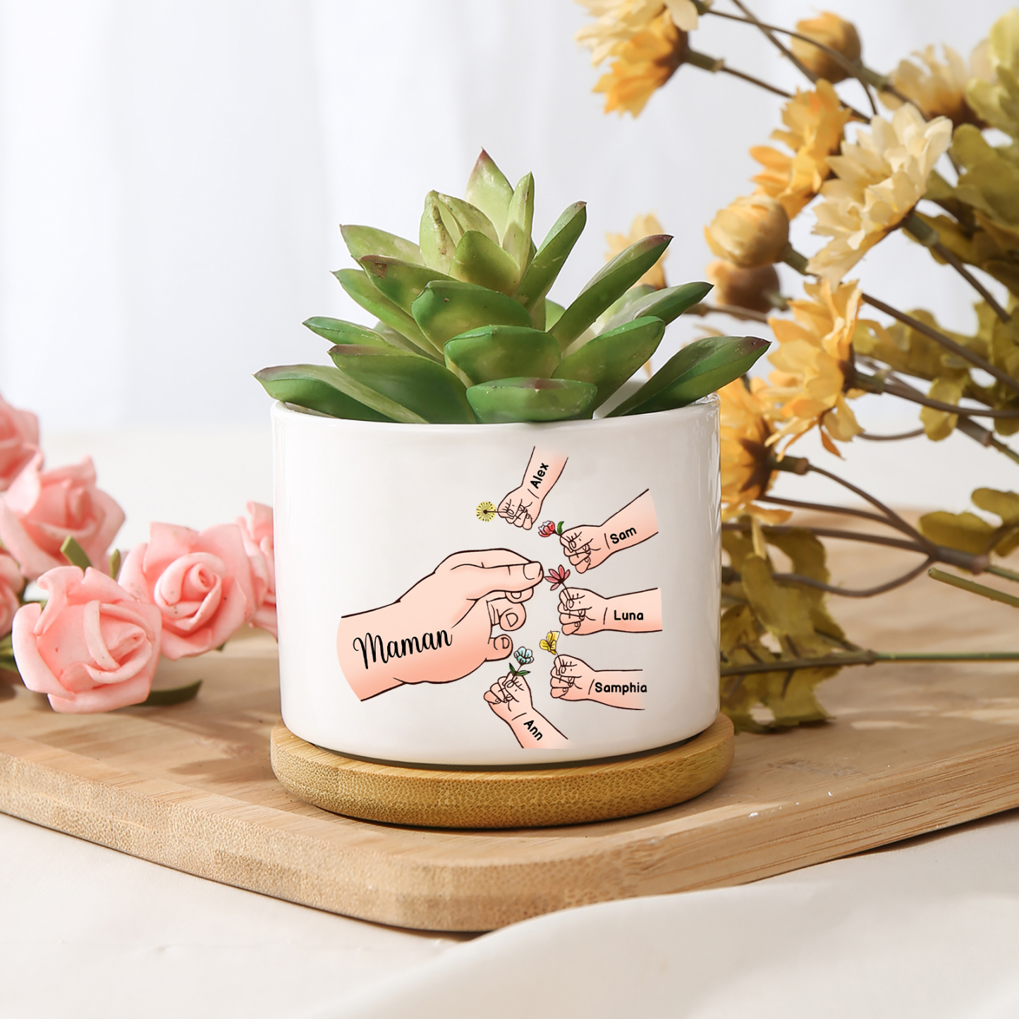 Vase/Pot de Fleurs mains et enfants 6 Prénoms Personnalisés Décoration de la Maison (sans plantes)