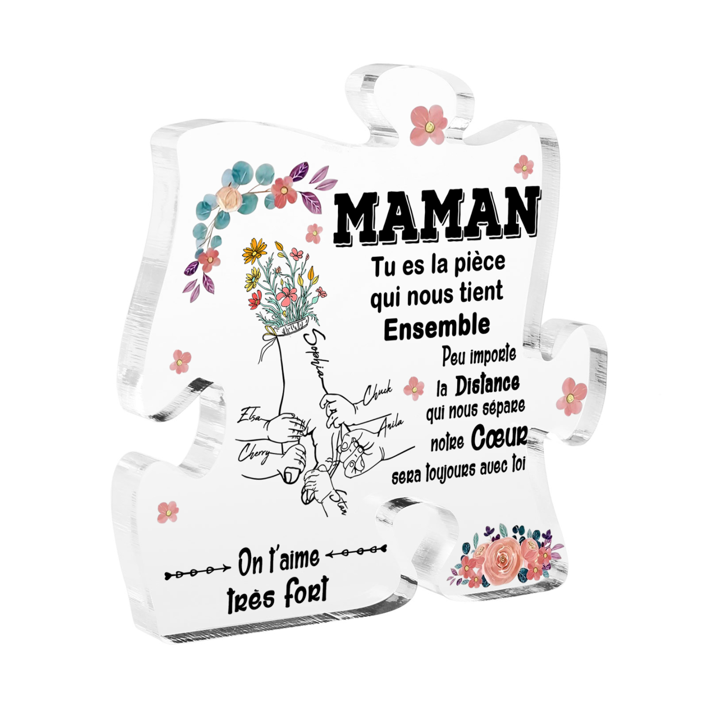 À ma Maman - Plaque Acrylique en forme de Puzzle 6 Prénoms Personnalisés la Main dans la Main