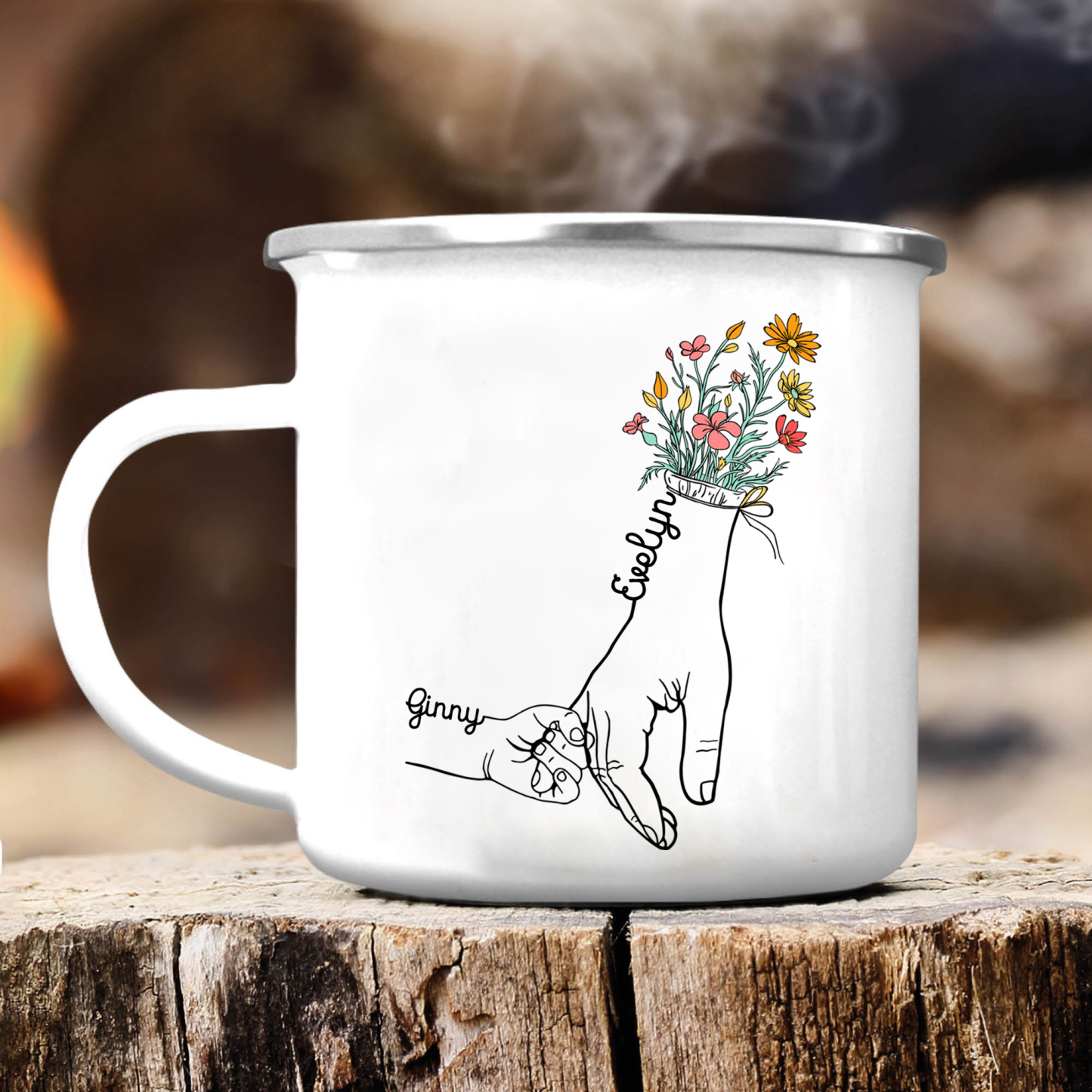 À Maman/Mamie - Tasse émaillée la Main dans la Main 2 Prénoms Personnalisés