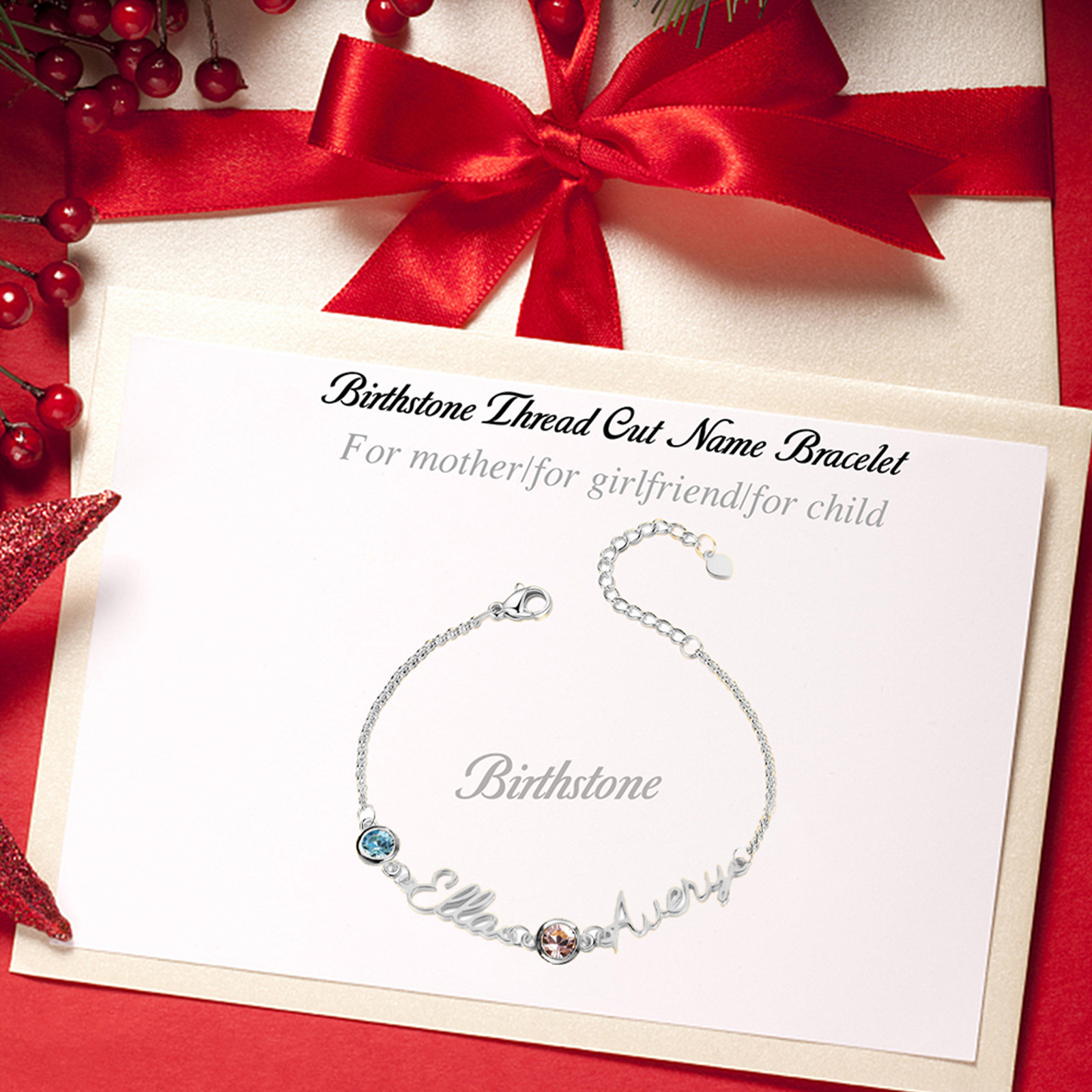 Bracelet Breloque 2 Prénoms Personnalisés avec 2 Pierre de Naissance