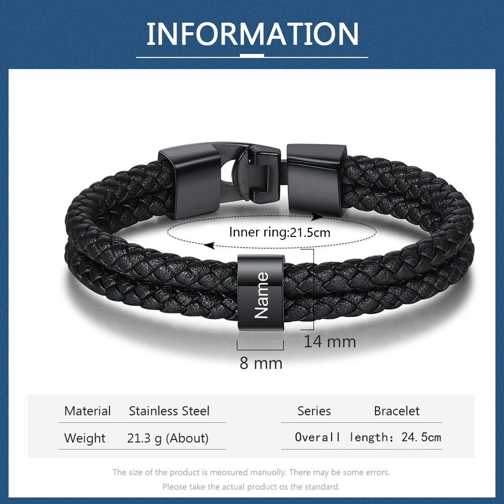 Bracelet Cuir tressé 1 Perles Prénom Personnalisé Bracelet Homme