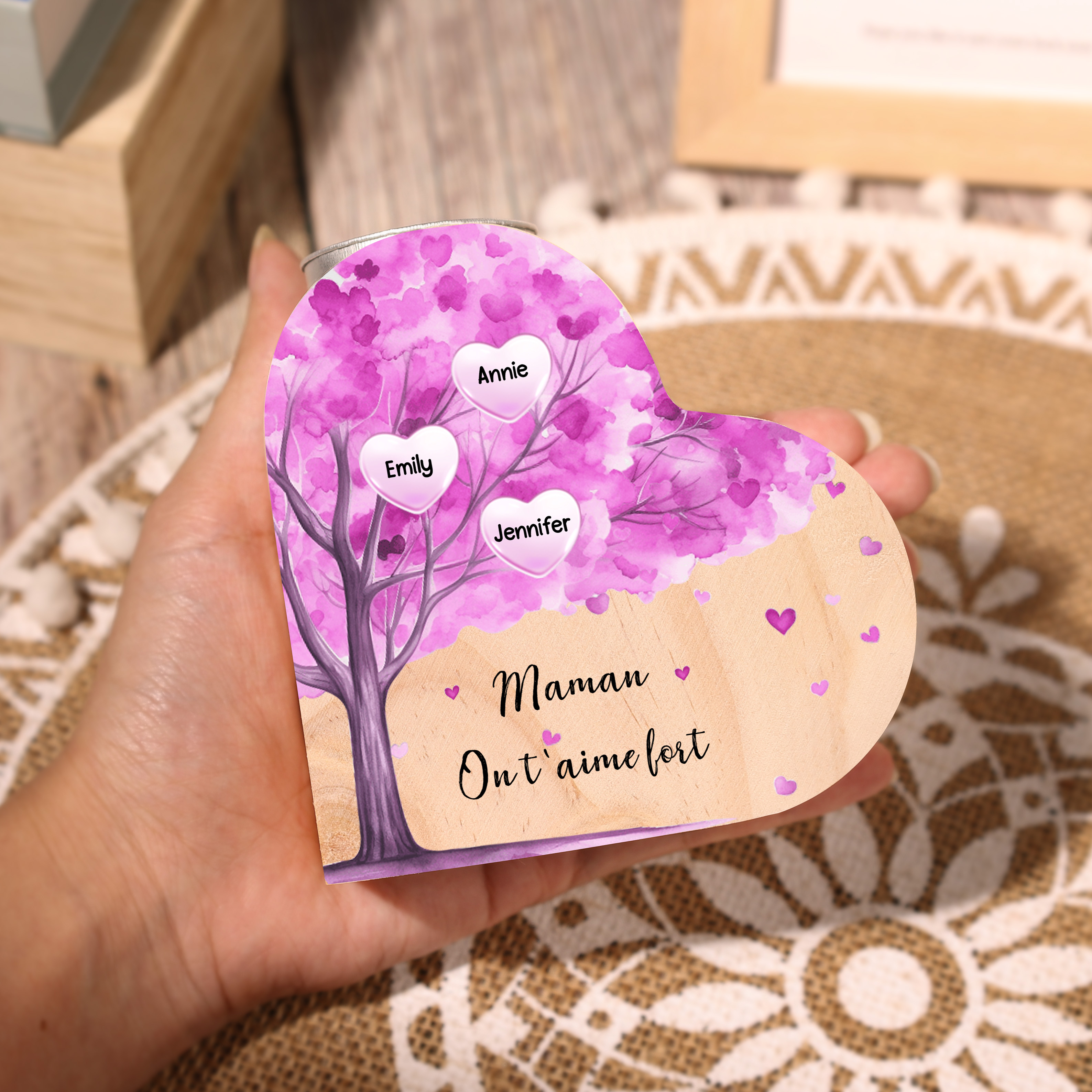 À Ma Maman/Mamie - Bougeoir en Bois Arbre 3 Prénoms et 1 Texte Personnalisés pour Famille sans bougie