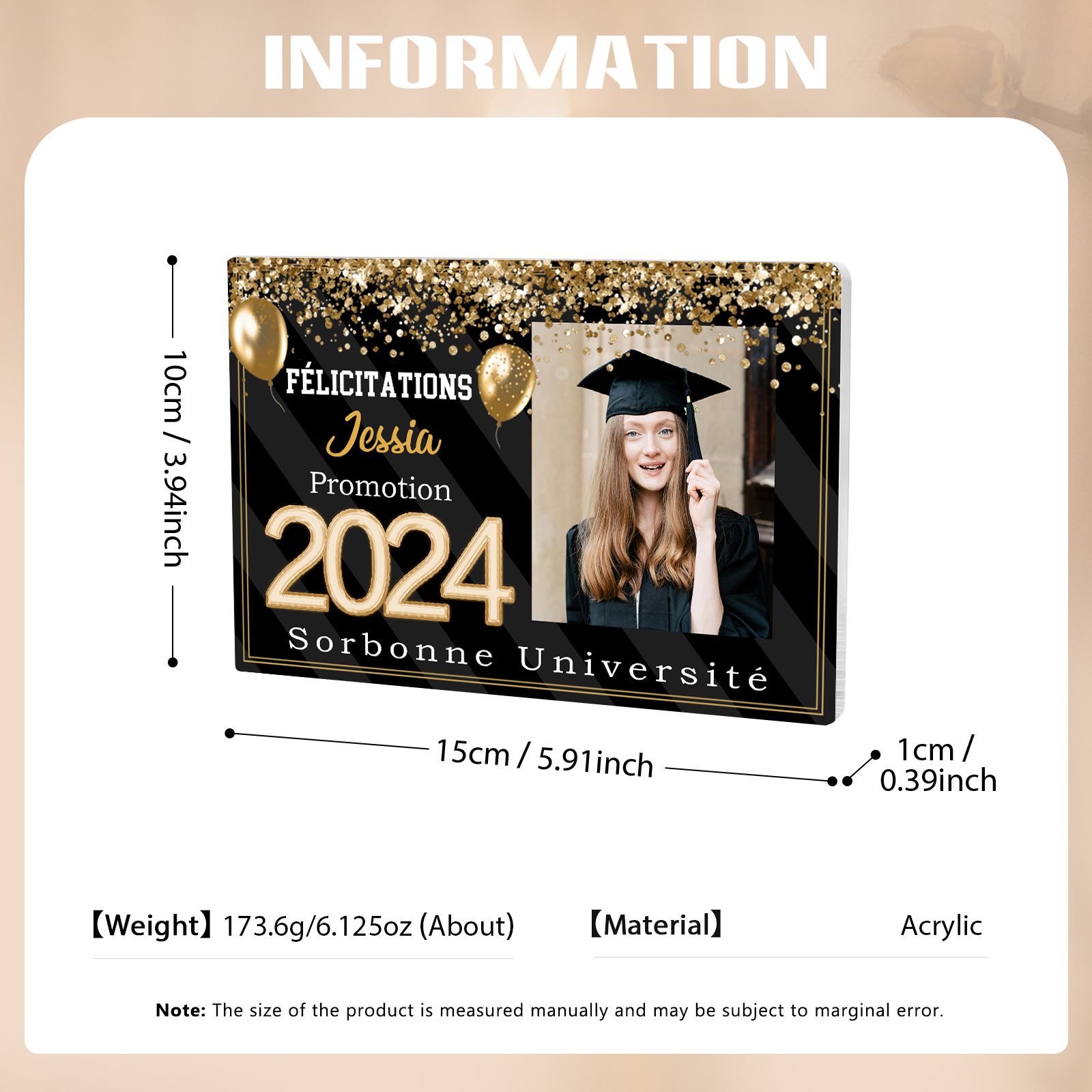 Plaque Acrylique Rectangle Diplômés Prénom et Photo Personnalisés avec Années et Texte Cadeau de Graduation