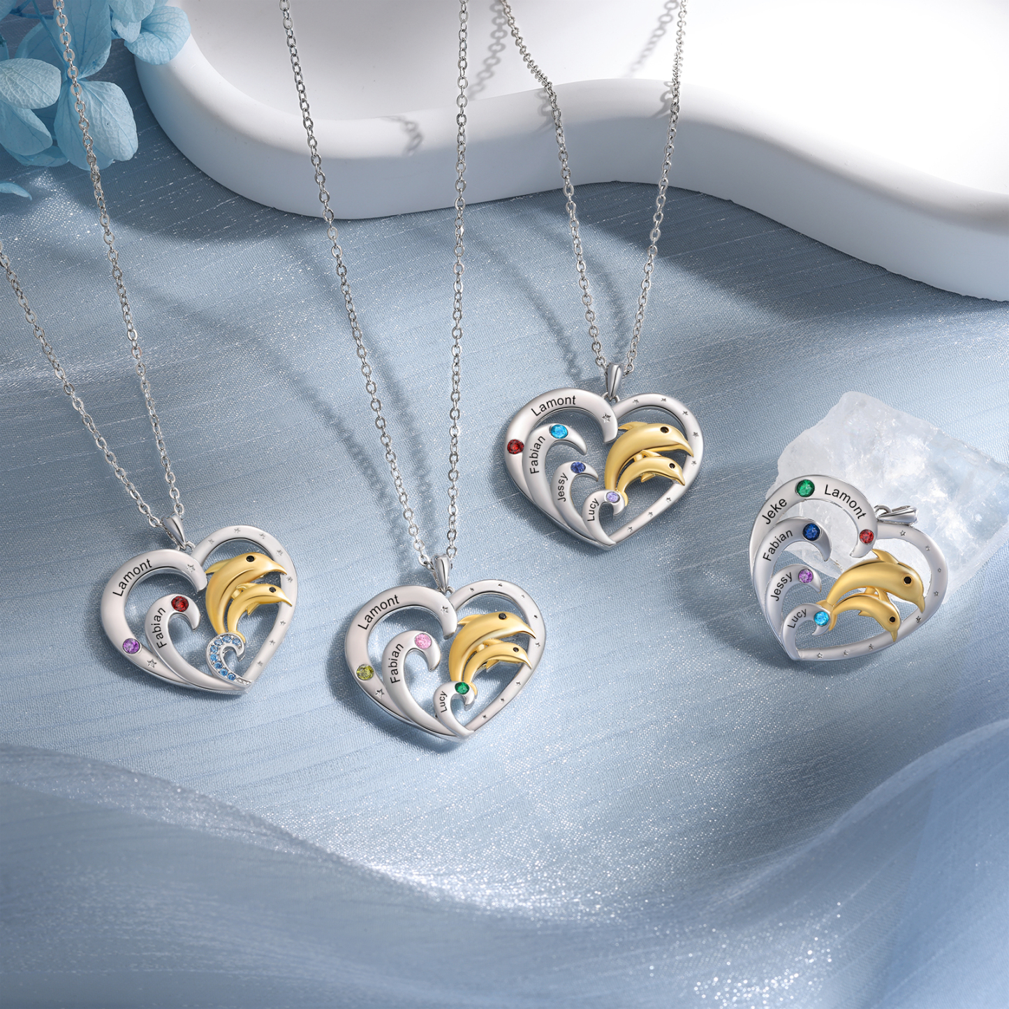 Collier Coeur et Dauphin Pendentif 3 Prénoms Personnalisés avec 3 Pierres de Naissance|Jessemade