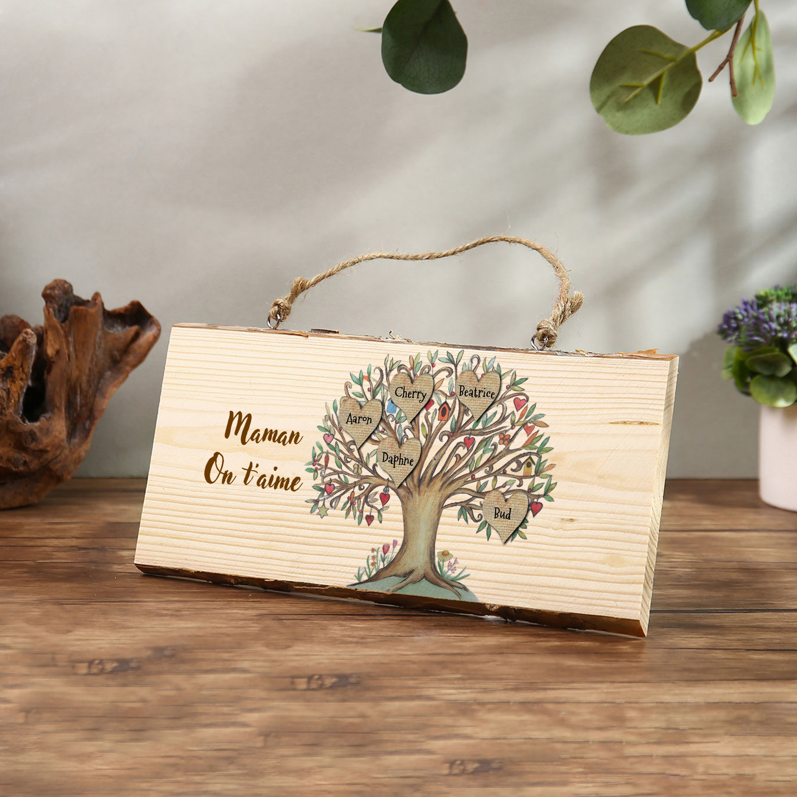 Décoration en bois Arbre de Vie 3-7 Prénoms Personnalisés avec Texte pour Famille Peinture Décorative