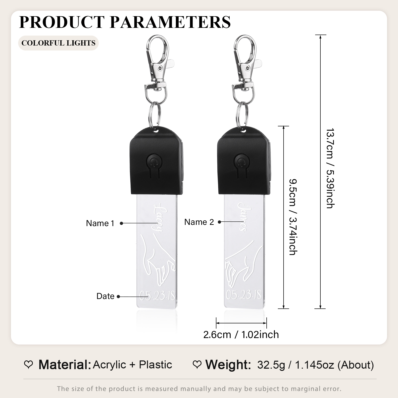 2PCS Porte-Clés 2 Prénoms Personnalisés avec Date pour Couple Porte-Clés lumières colorées