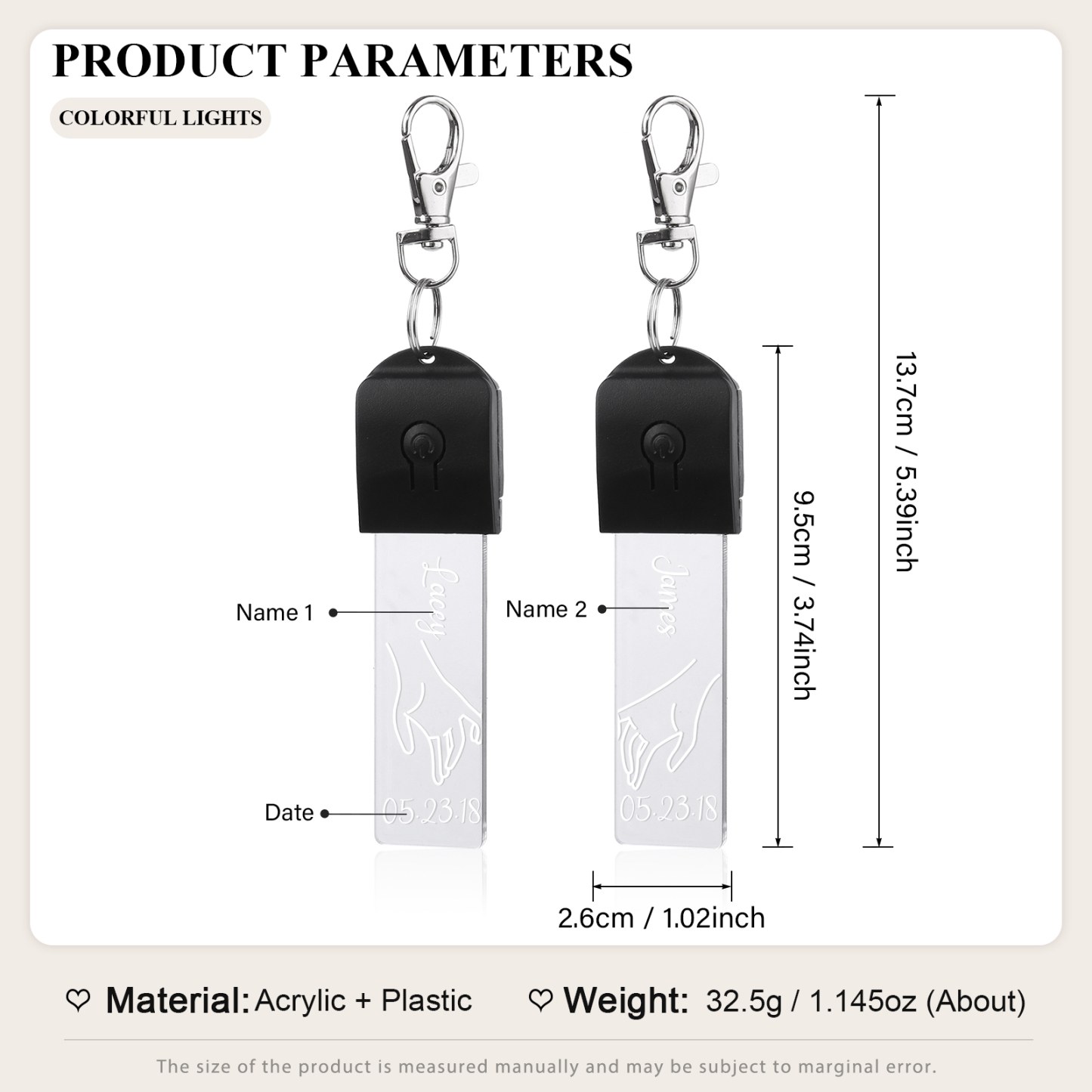 2PCS Porte-Clés 2 Prénoms Personnalisés avec Date pour Couple Porte-Clés lumières colorées