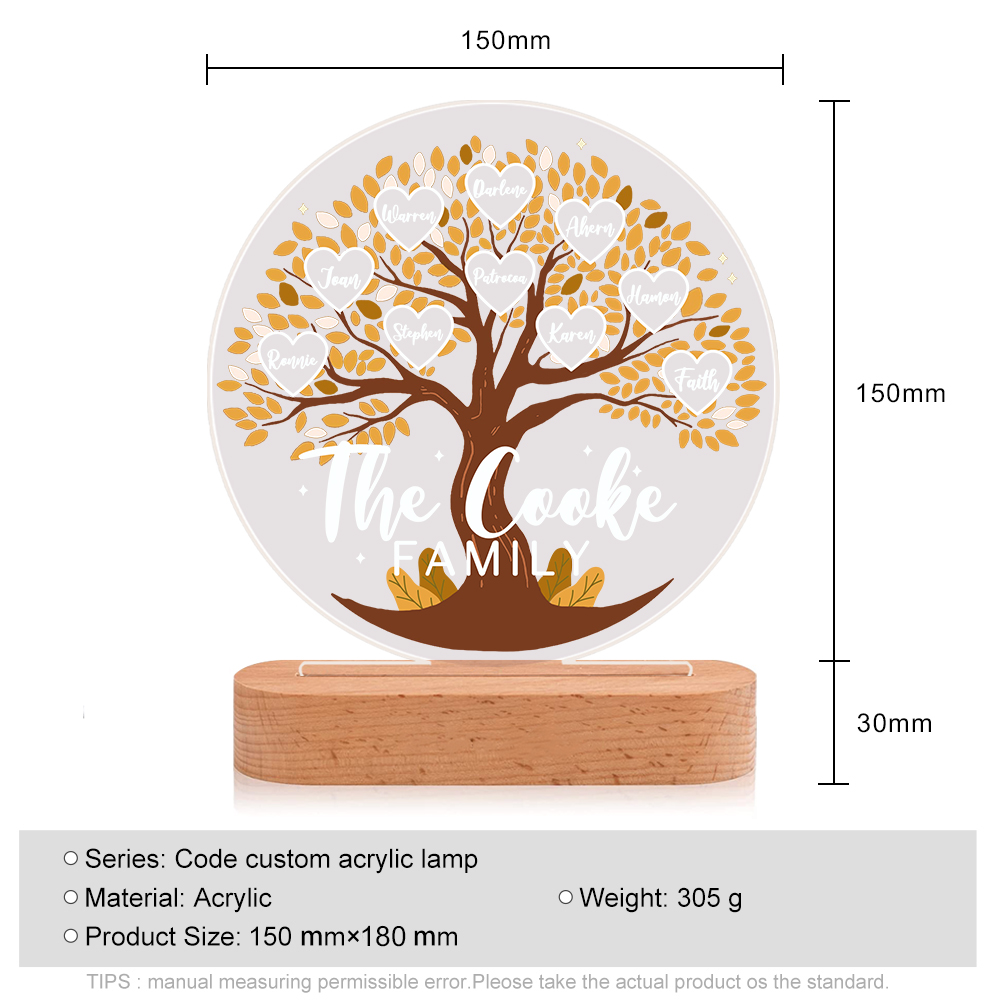 Lampe de chevet Arbre de Vie LED Lumières 10 Prénoms et 1 Texte Personnalisés pour Famille