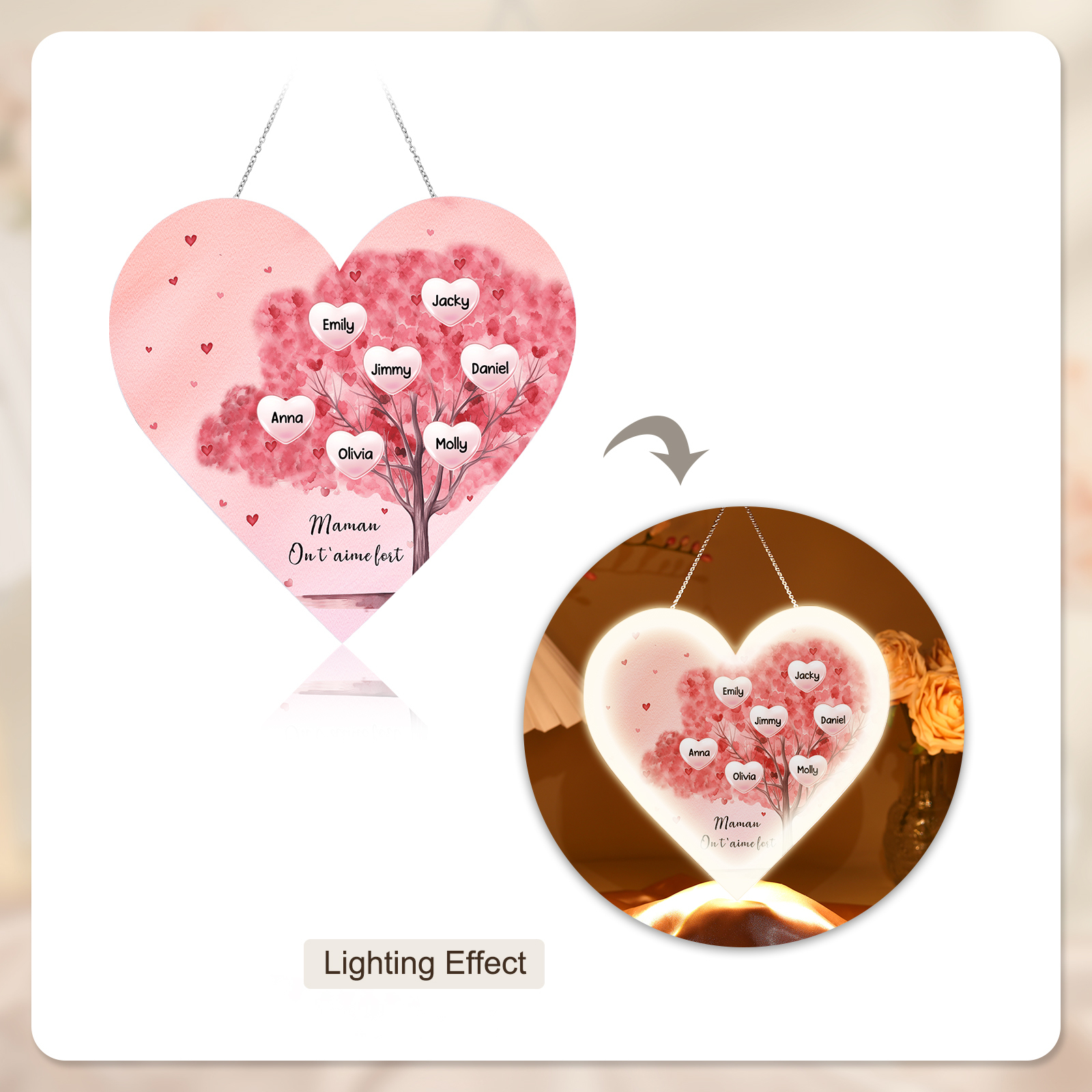 À Maman/Mamie - Veilleuse Cœur Arbre Décoration 7 Prénoms Personnalisés avec 1 Texte