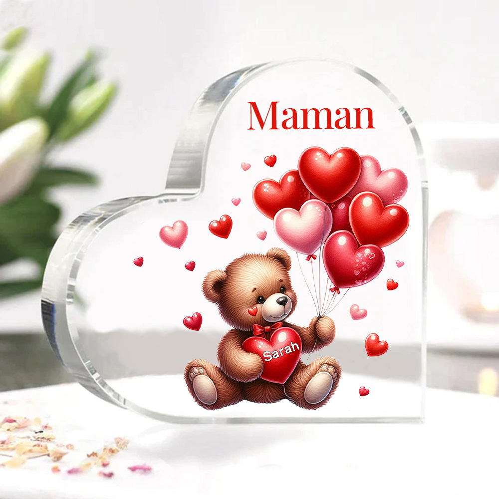 À ma Maman/Mamie - Plaque Acrylique en Forme de Cœur Ours 1 Prénom Personnalisé avec 1 Texte